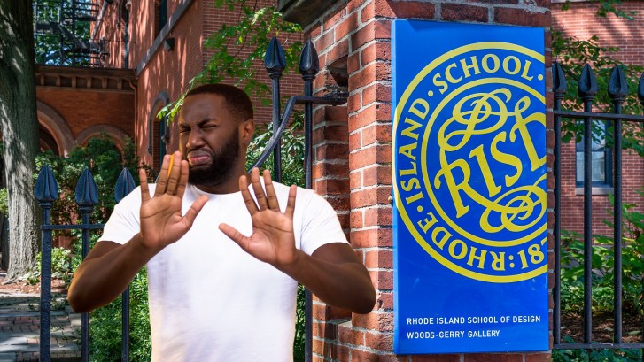 Rhode Island School of Design with a man in front of the sign