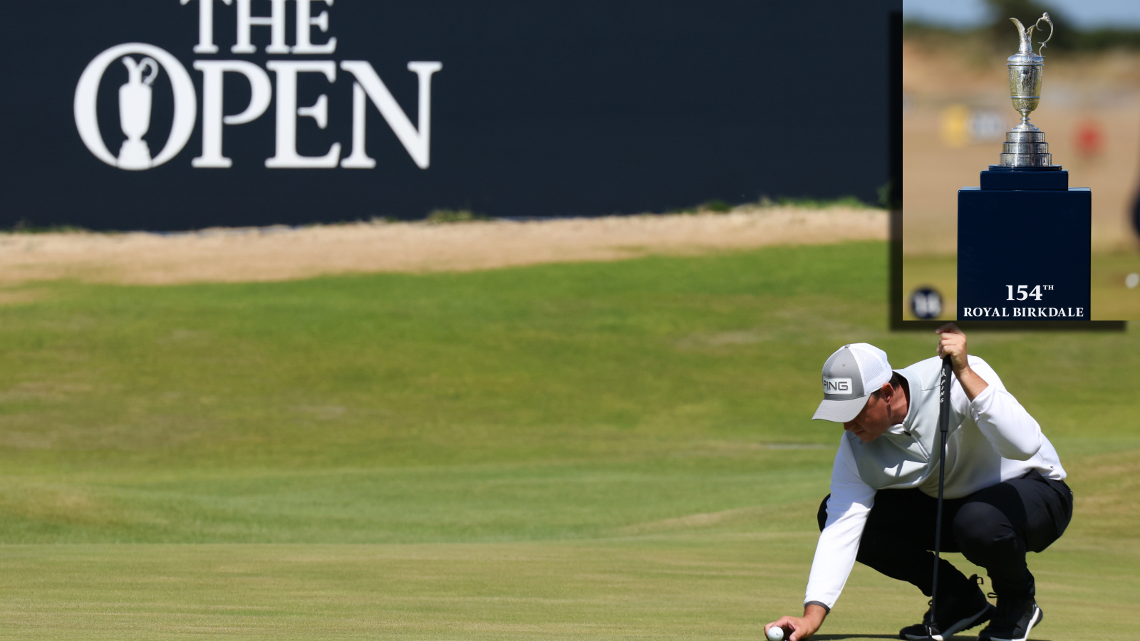golfer lines up putt during practice round of 154th Open Championship at Royal Birkdale in England