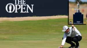 golfer lines up putt during practice round of 154th Open Championship at Royal Birkdale in England