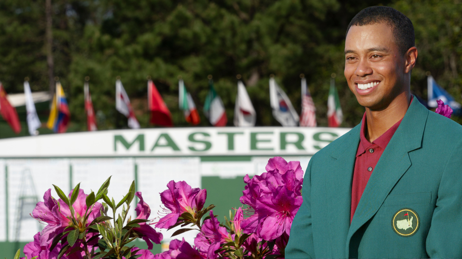 Tiger Woods next to Augusta National Leaderboard at The Masters