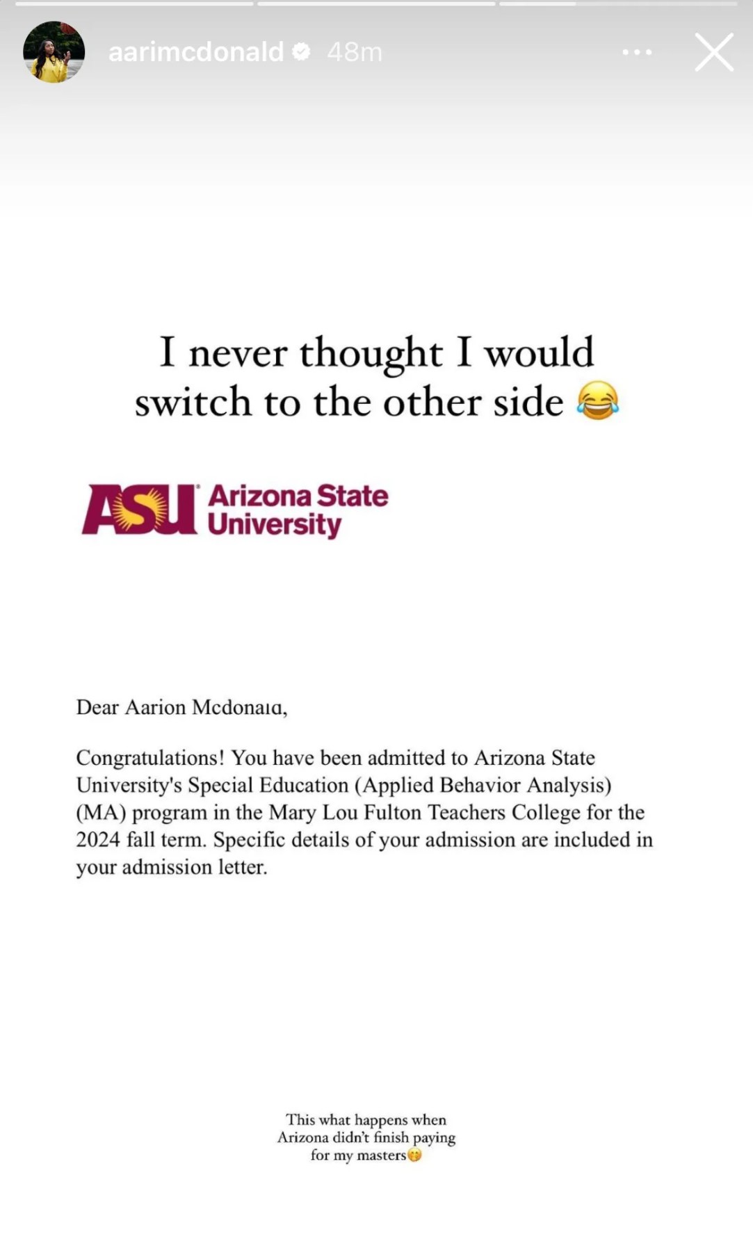 Aari McDonald Masters Degree