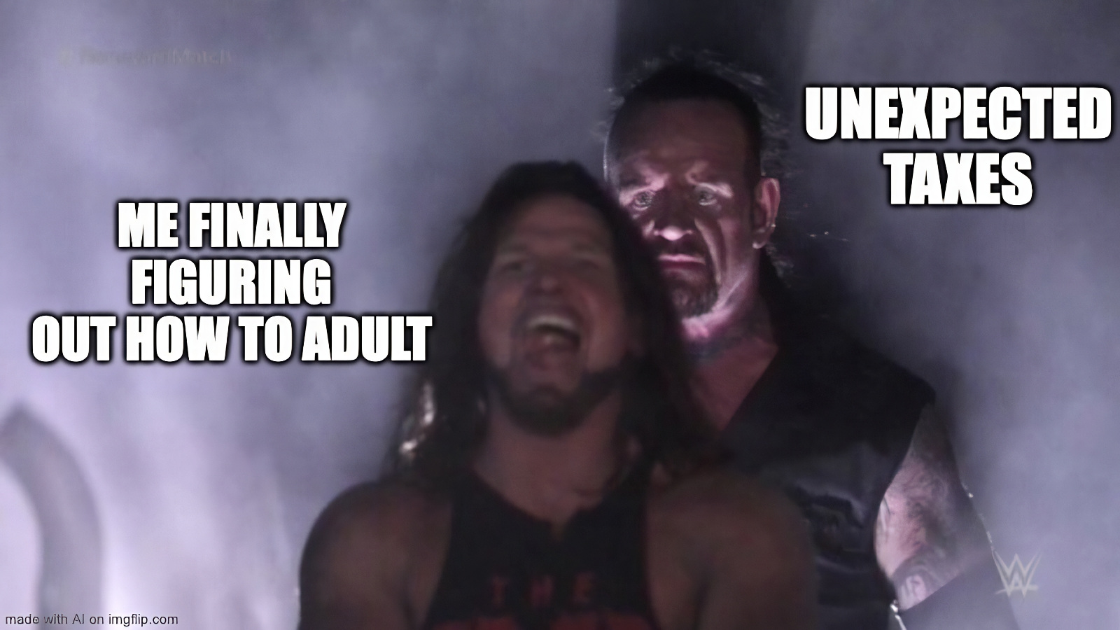 AJ styles and Undertaker meme about being an adult