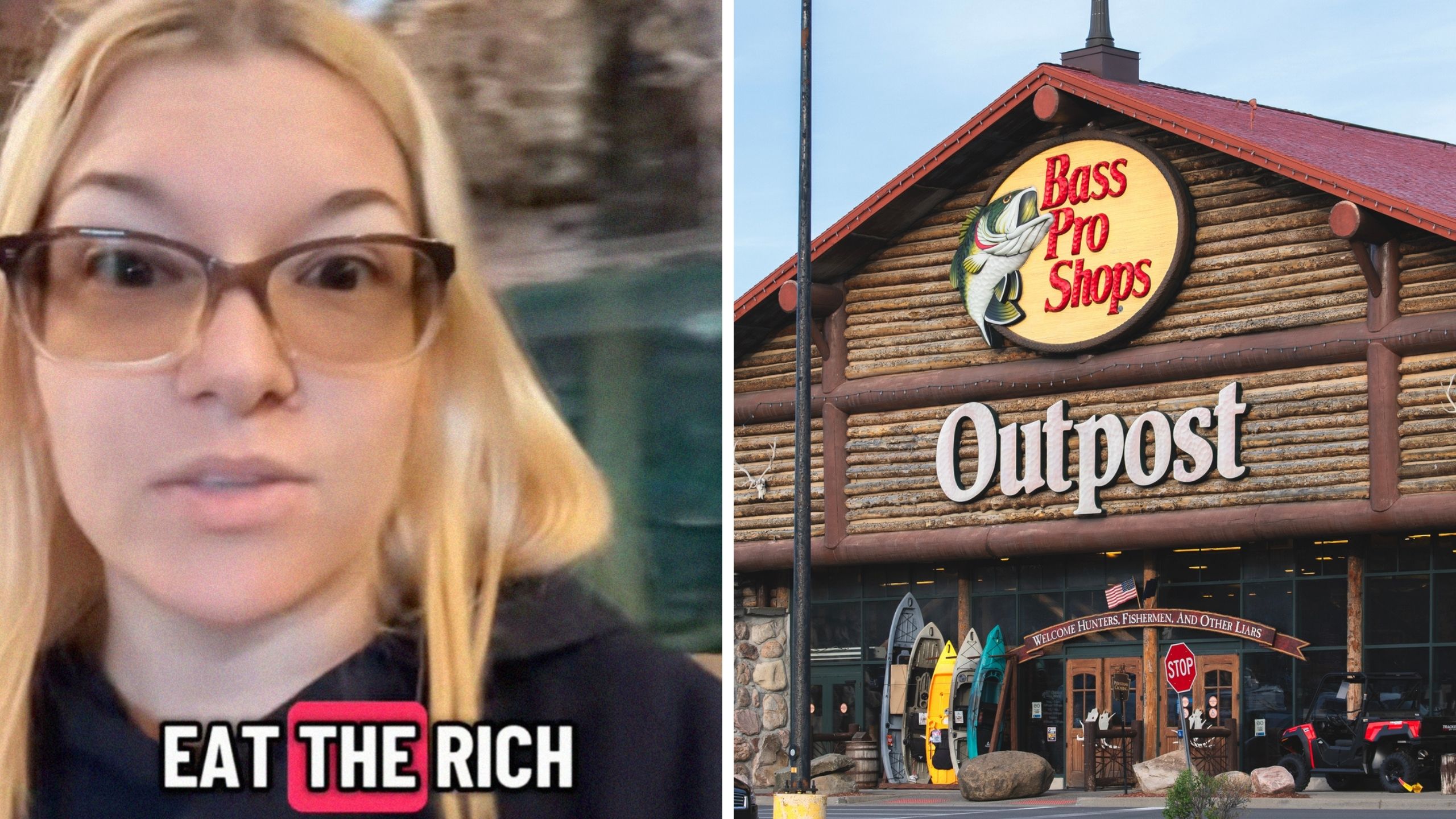 woman in glasses shows around shop (l) bass pro shop logo (r)