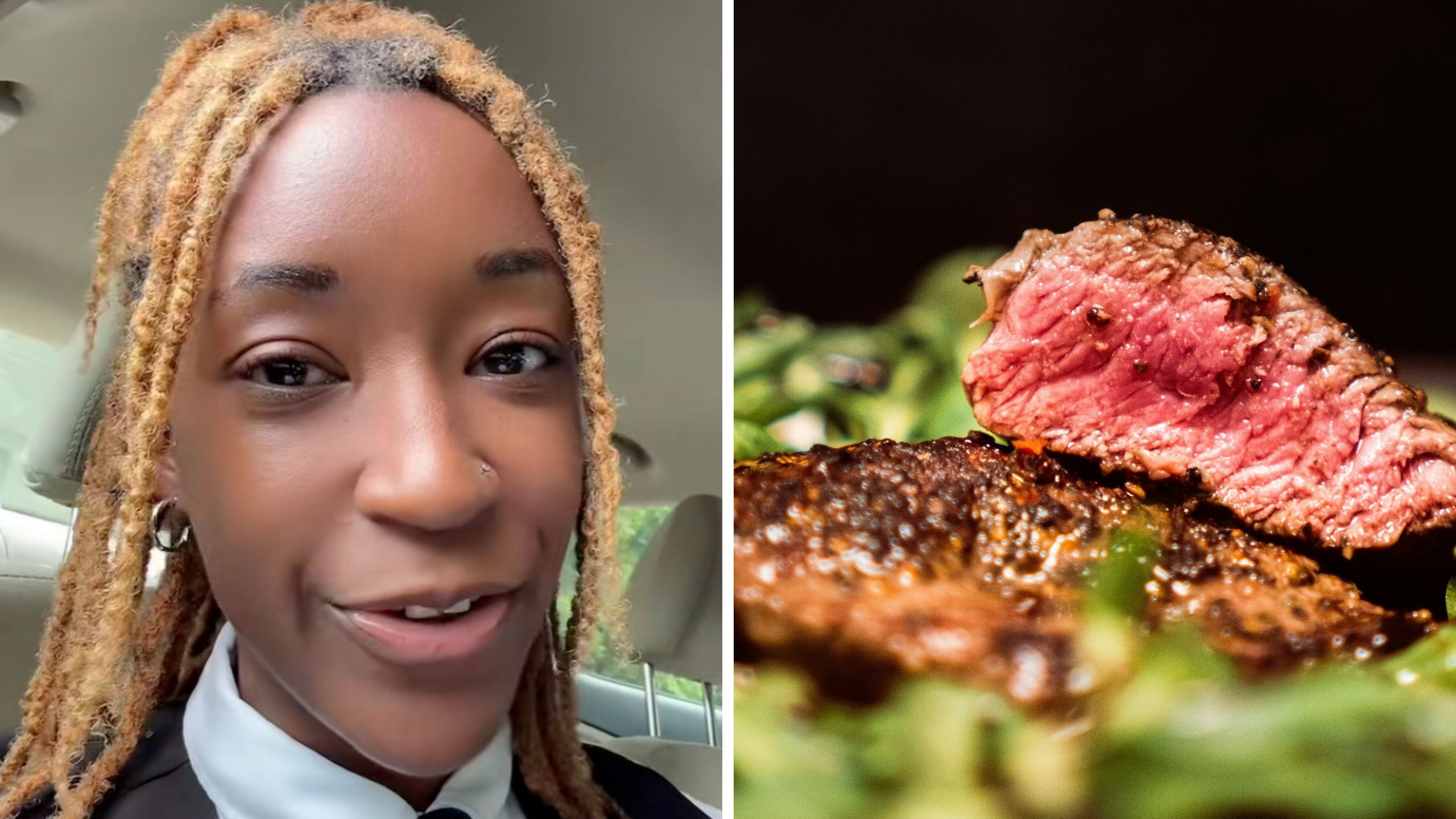 Woman shares why steak should be cut in a "butterfly" manner (l) sliced steal (r)