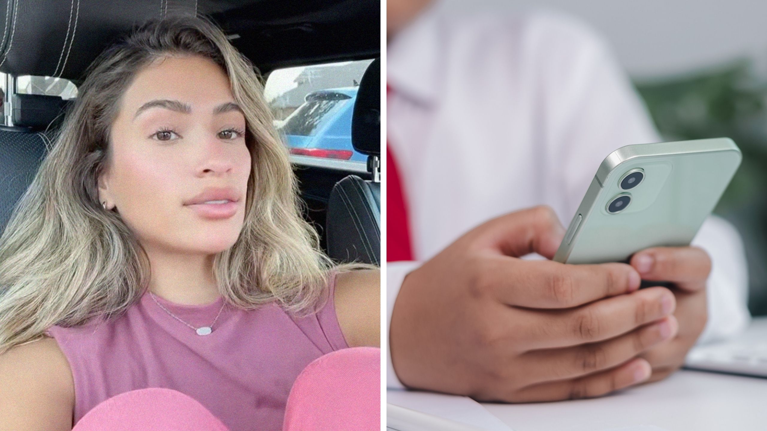 woman shares her experience with men next to someone texting