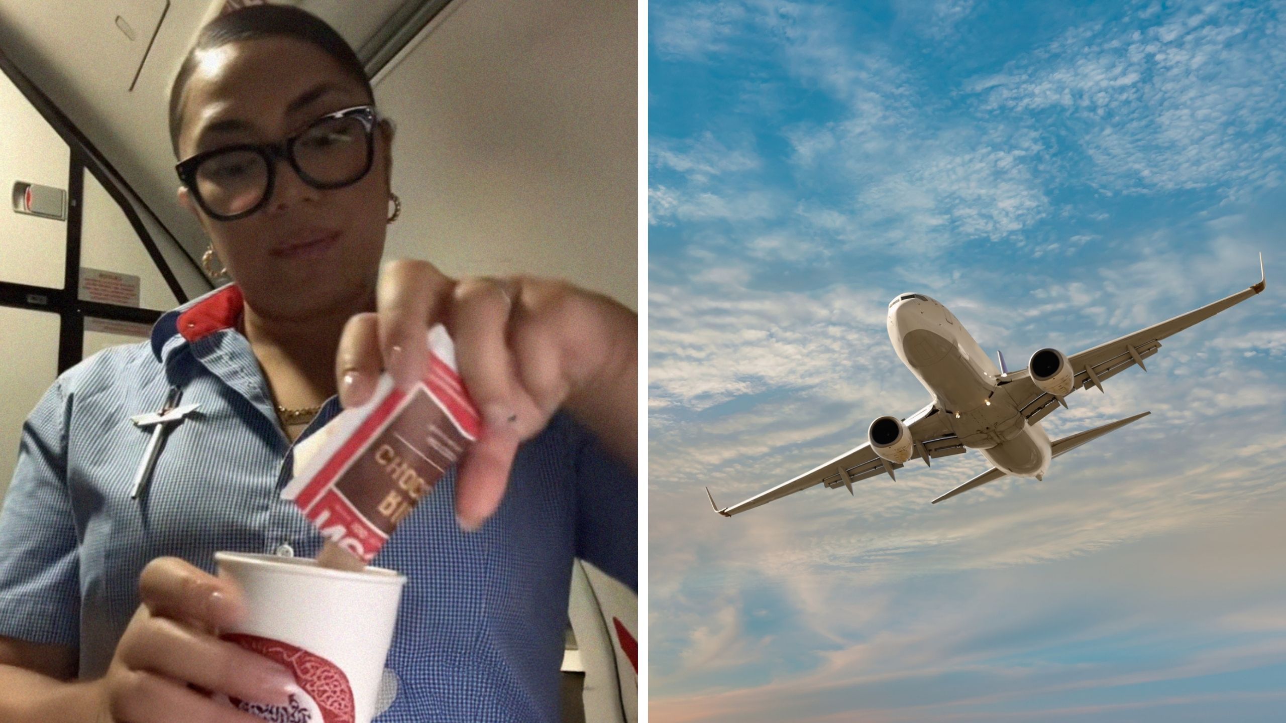 woman making hot chocolate (l) a plane flying (r)