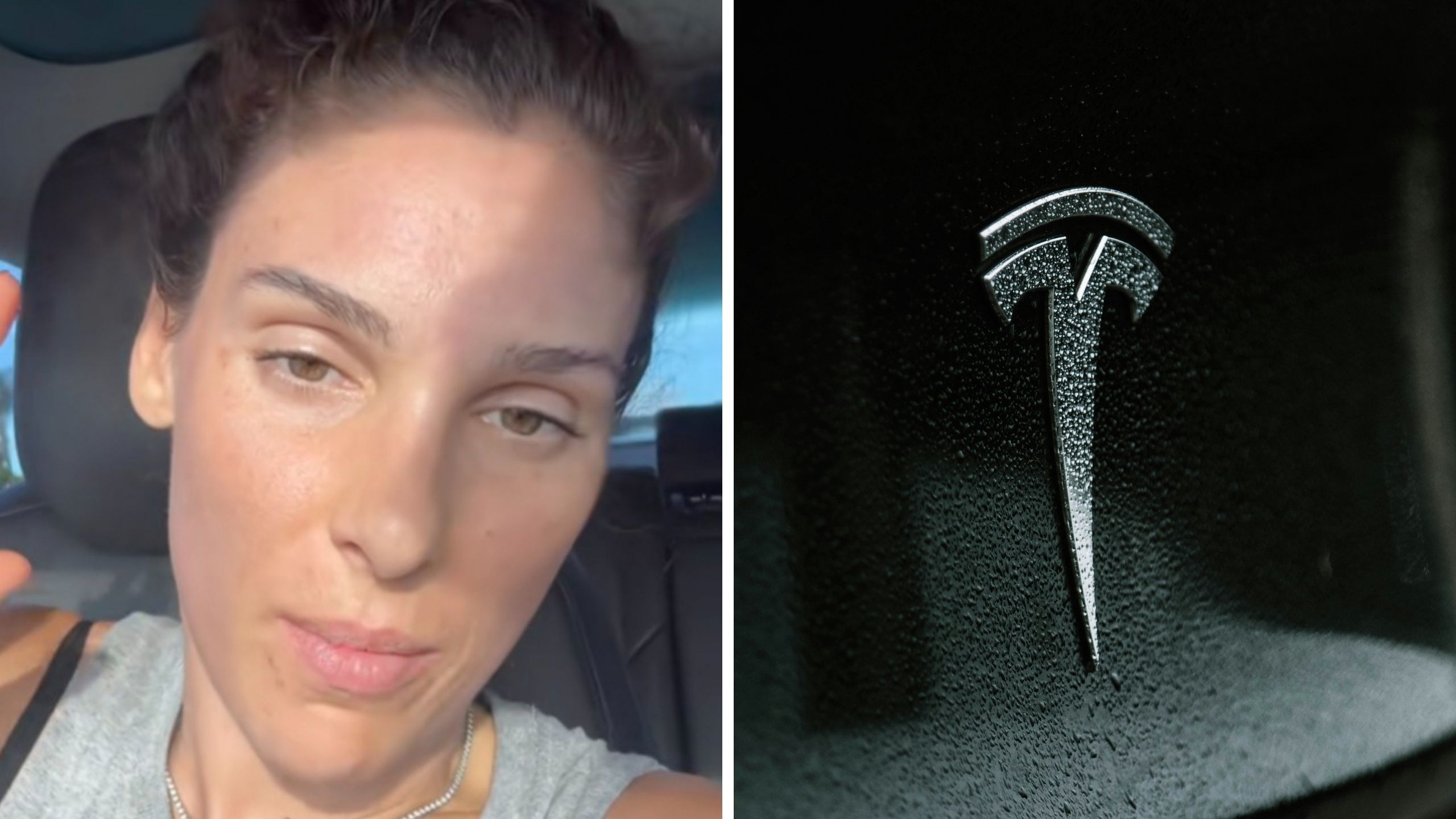 Woman in gray shirt (l) Tesla Logo (r)
