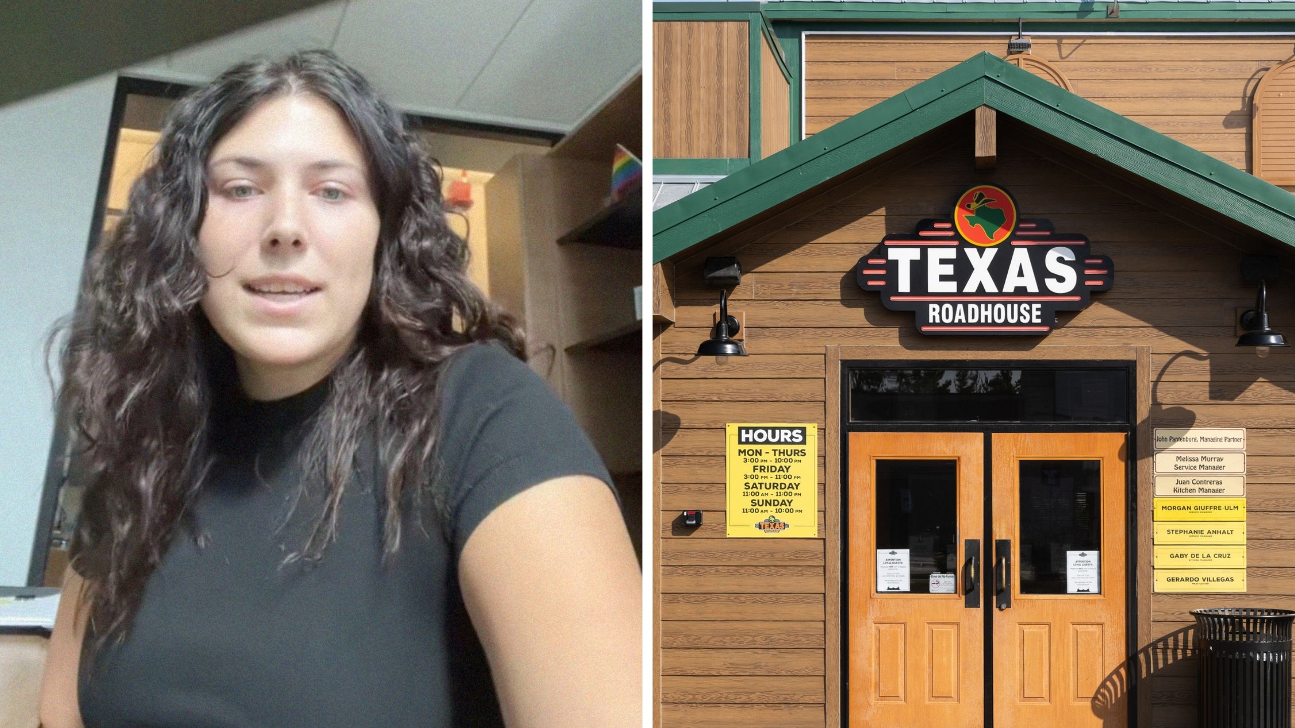woman shares information on texas roadhouse (l) texas roadhouse logo (r)