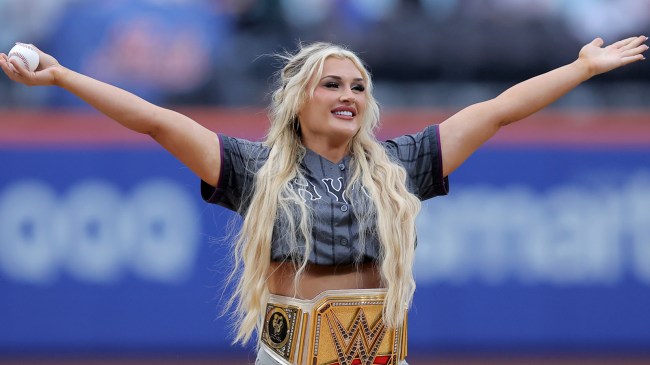 wrestler-Tiffany-Stratton-gestures-before-a-ceremonial-first-pitch