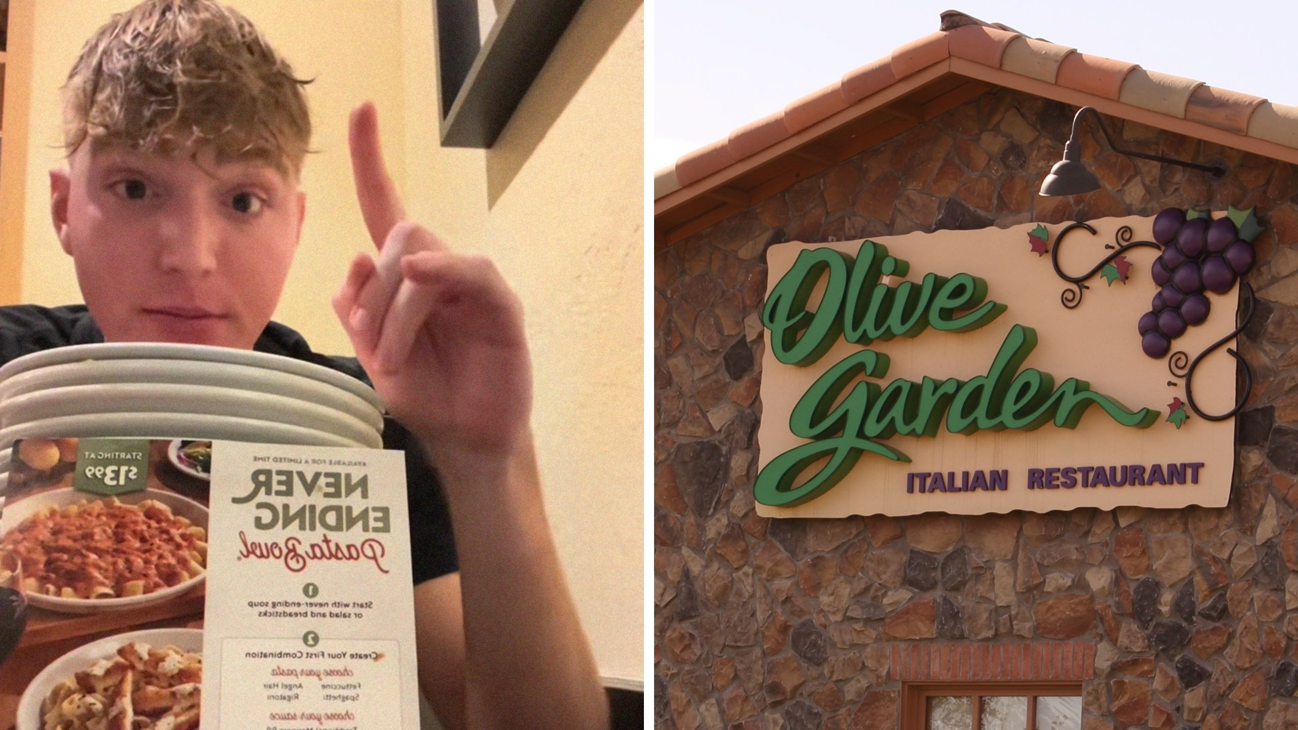 man shares olive garden experience (l) olive garden logo (r)