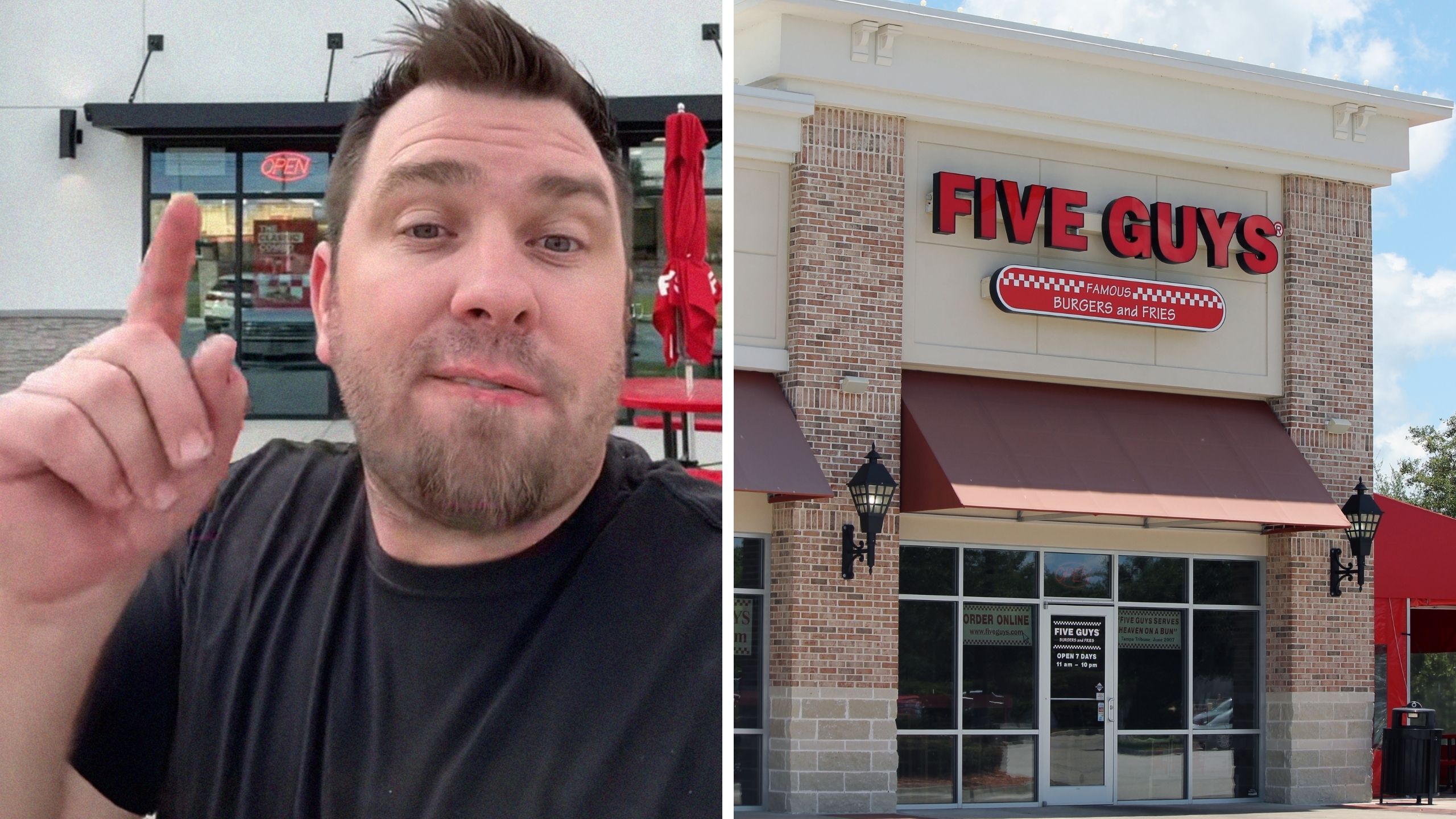 guy shares five guys tip (l) five guys logo (r)