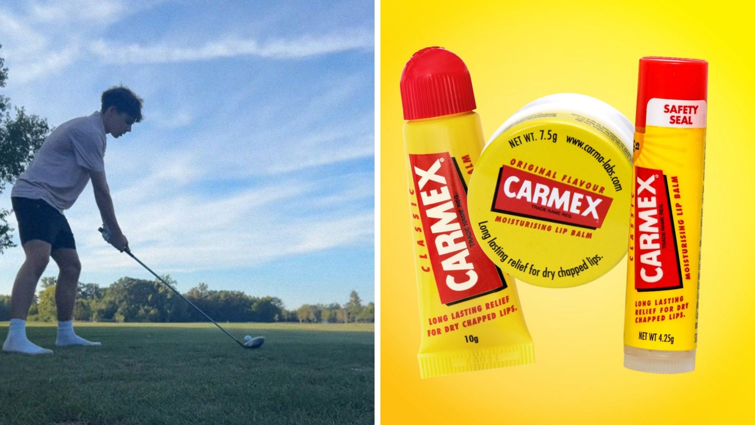 man golfing (l) carmex chapsticks (r)