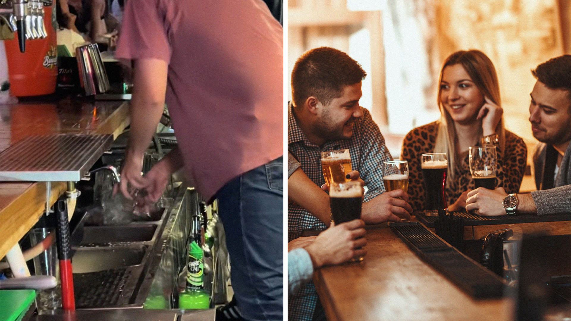 man washing cup next to people drinking at the bar