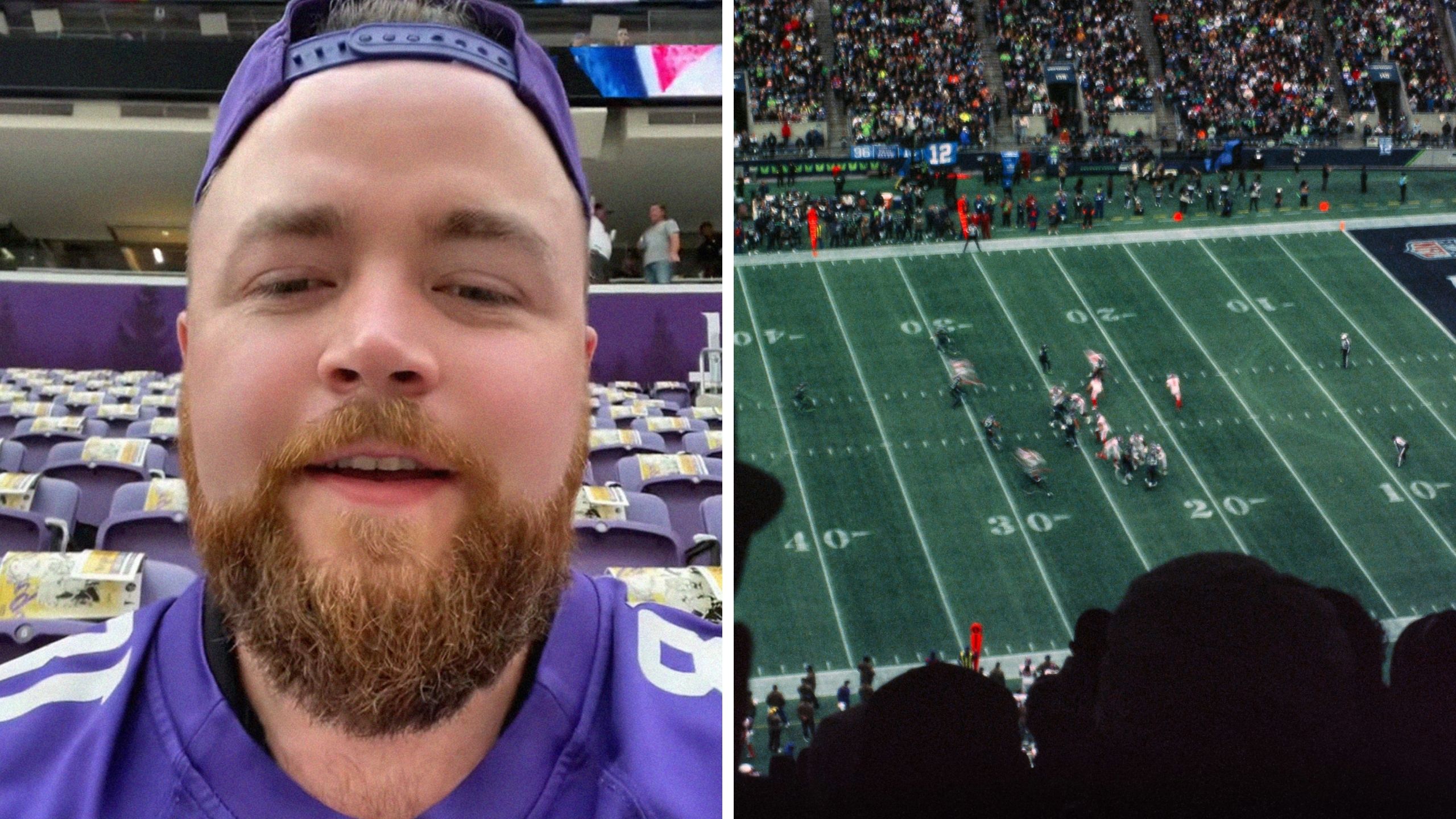 man shares ticket seat experience (l) nfl stadium (r)
