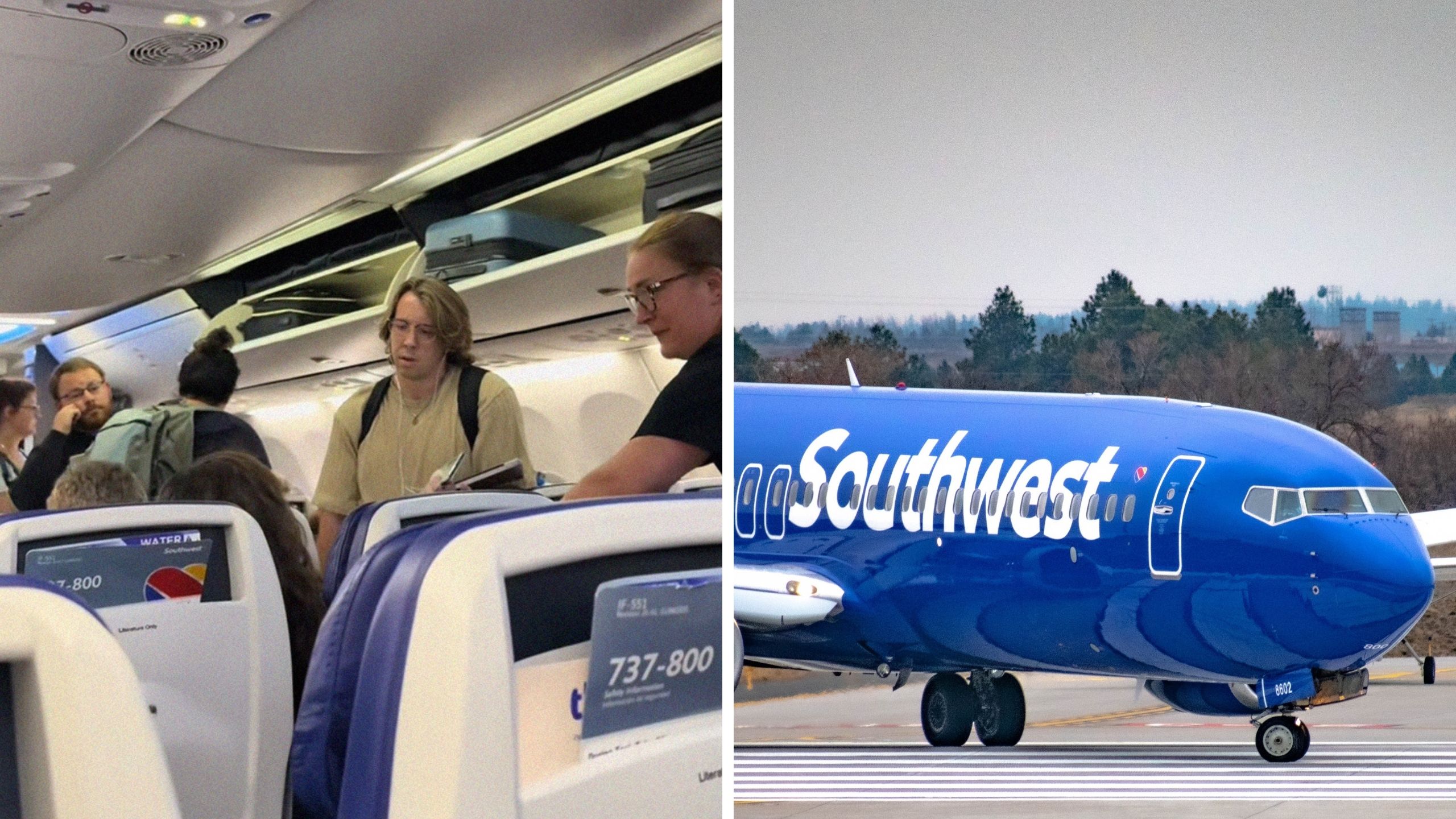 man fighting over a seat (l) southwest airline (r)