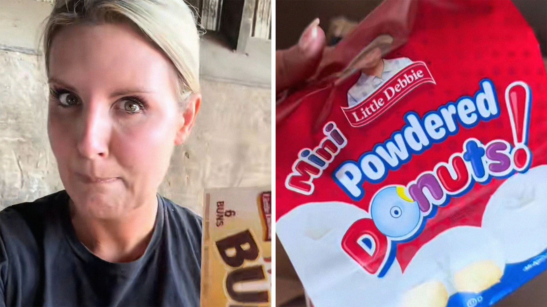 woman shares what she finds (l) little debbie snack (r)