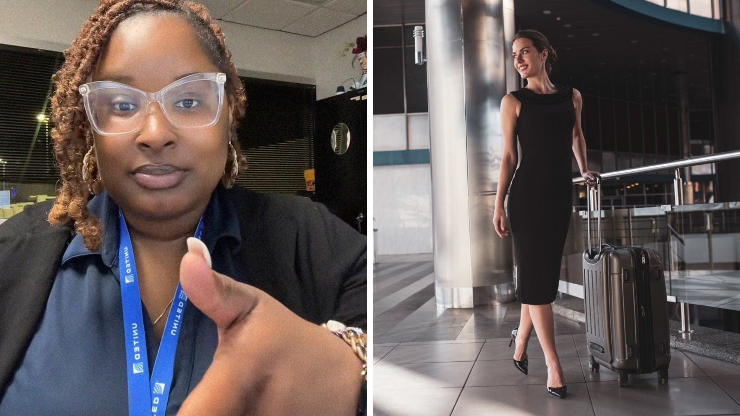 woman shares why we should dress well to the airport (l) woman well dressed at airport (r)