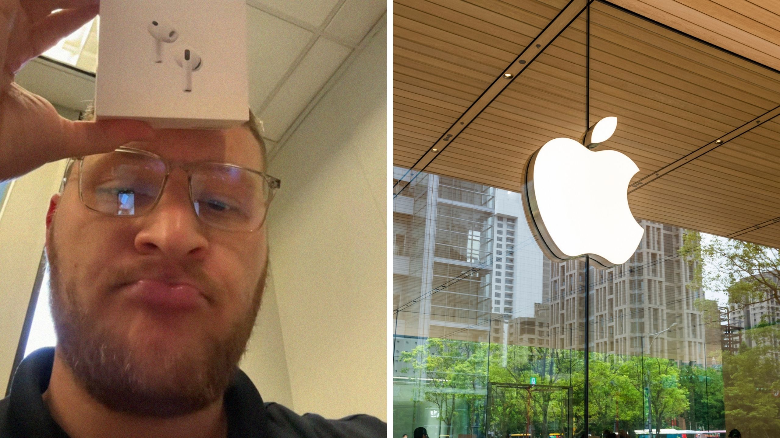 man holding airpods box (l) apple logo (r)