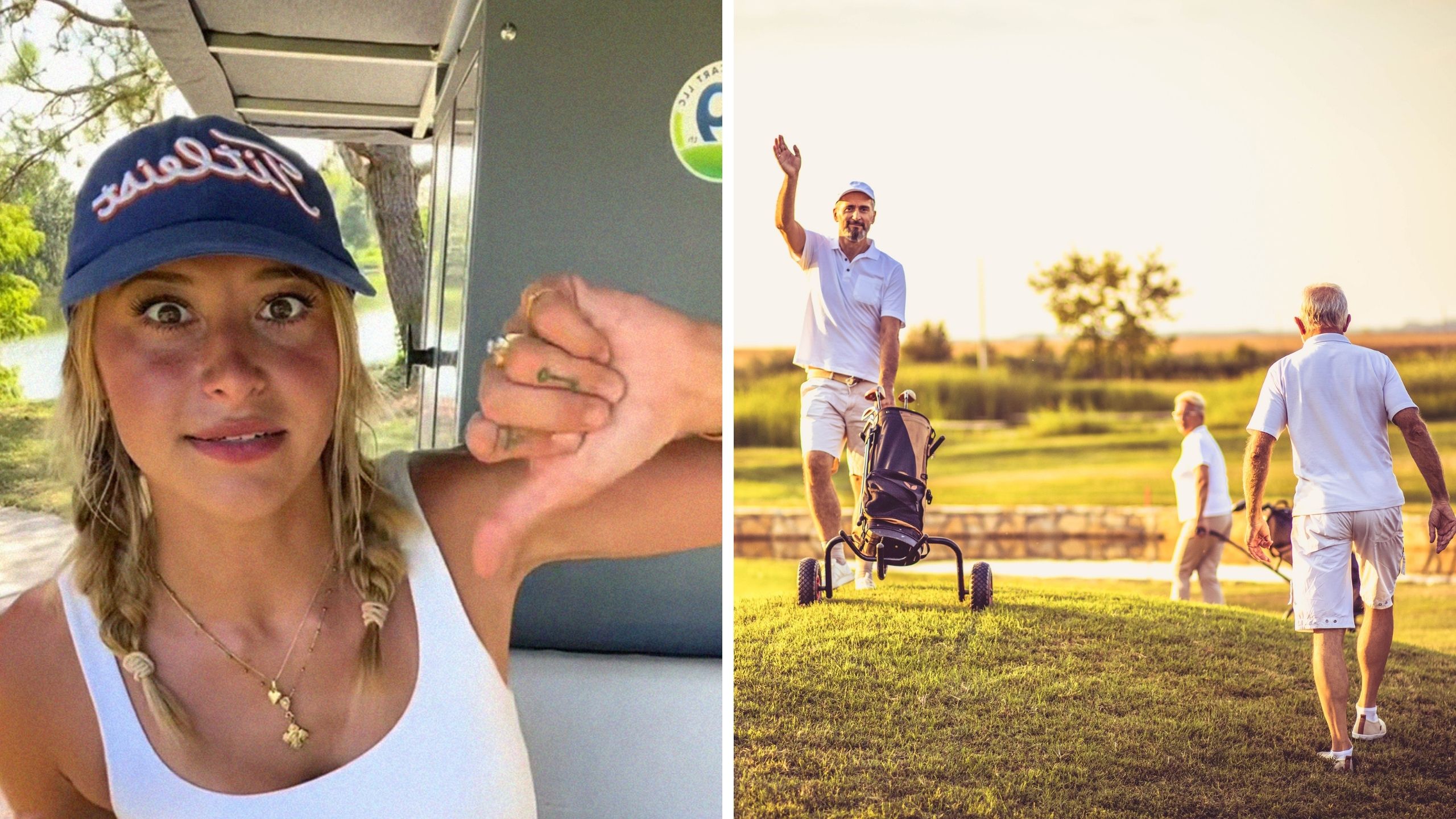 woman shares her work experience (l) golfers (r)