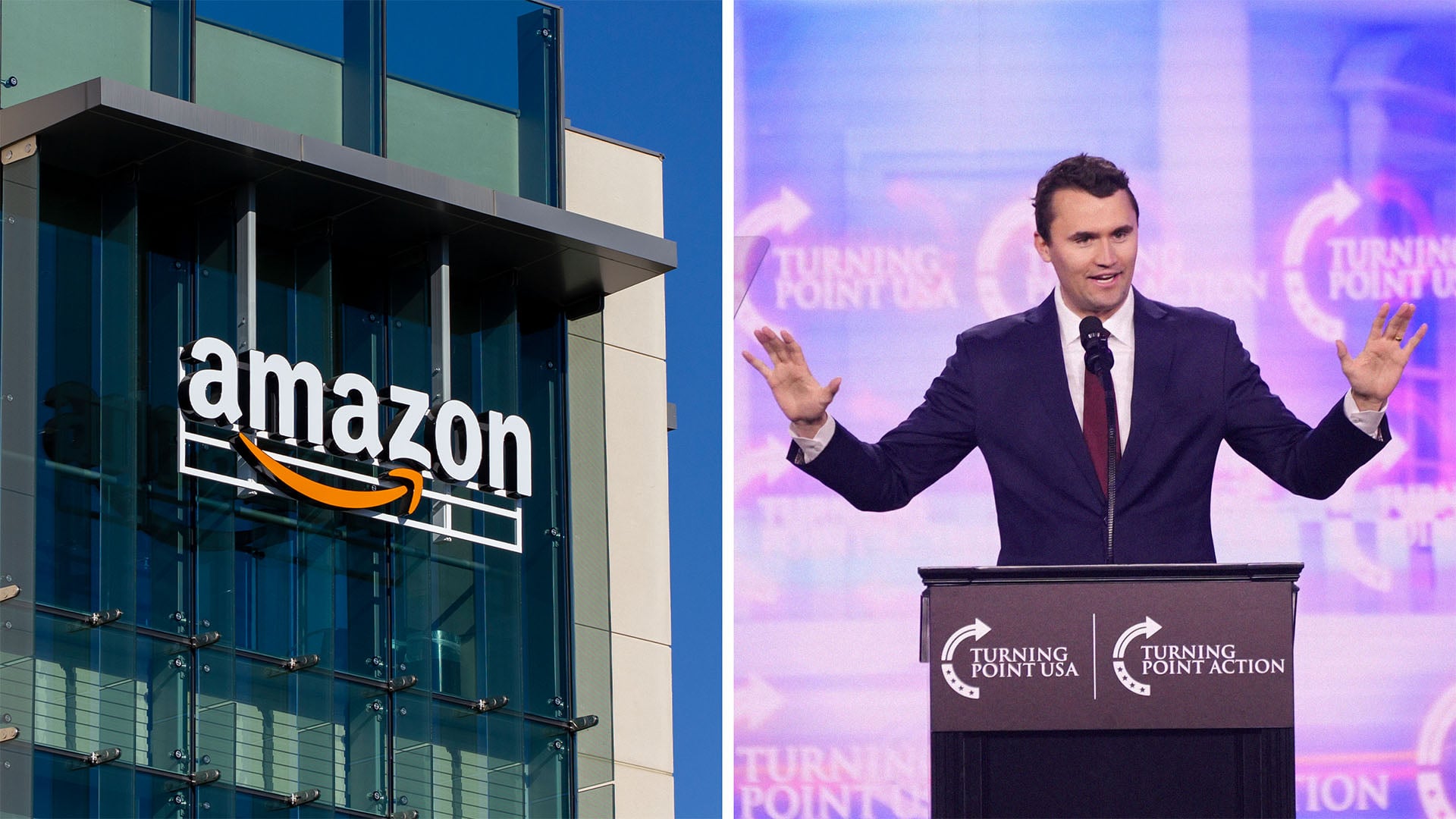 amazon logo (l) charlie kirk (r)