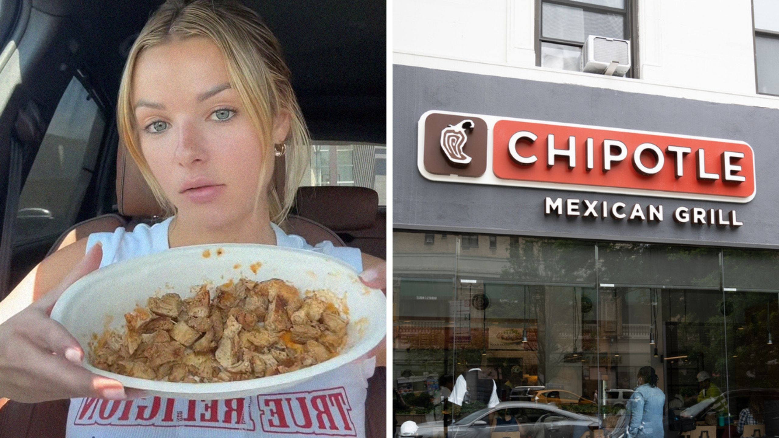 woman holding chicken bowl (l) chipotle logo (r)