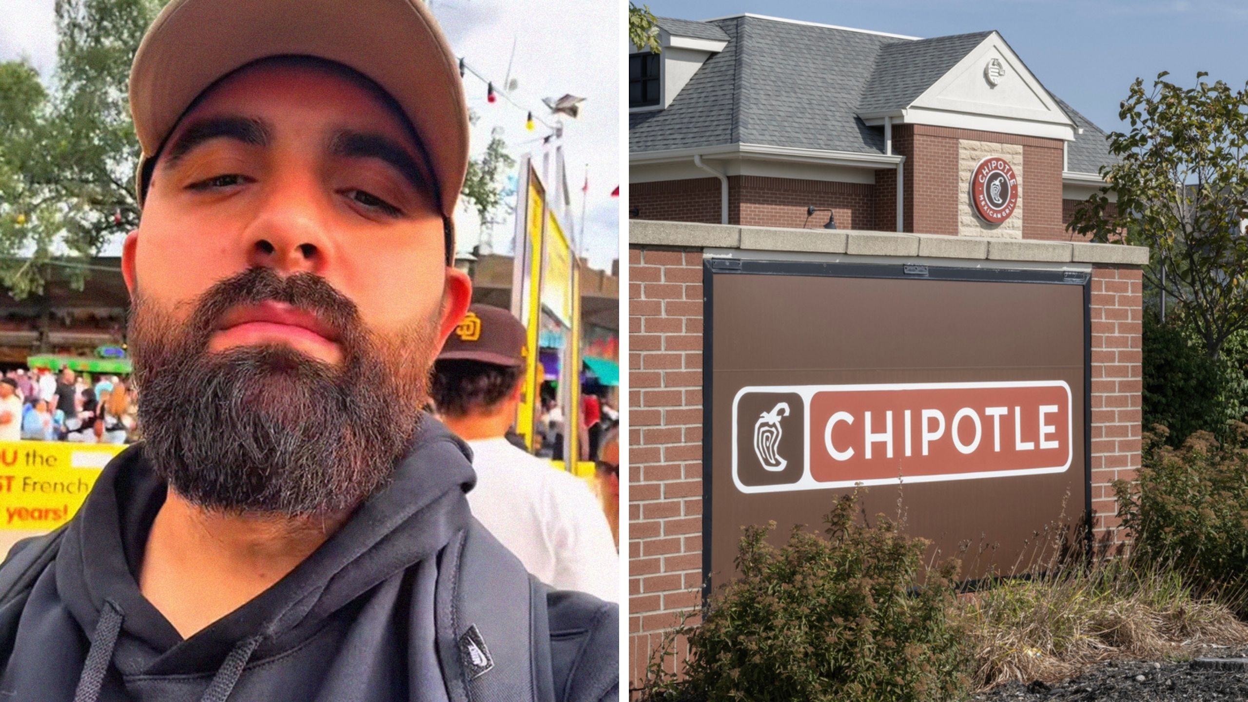 man wearing hat goes to chipotle (l) chipotle logo (r)
