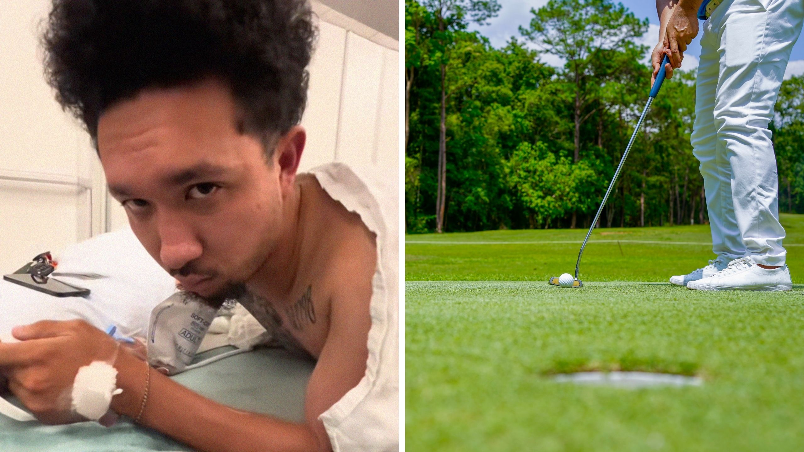 man in hospital bed (l) golf course (r)