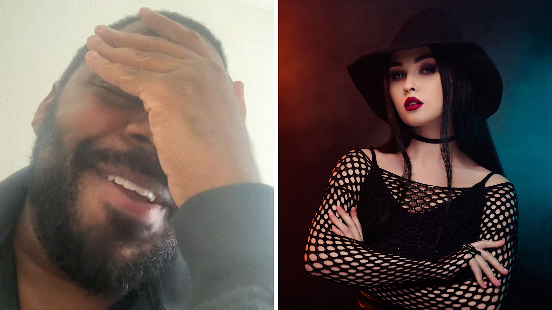 Man covering his face(l) Goth woman with red and blue background(r)