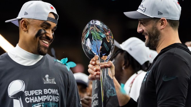Jalen Hurts and Nick Sirianni with Lombardi Trophy after Super Bowl LIX