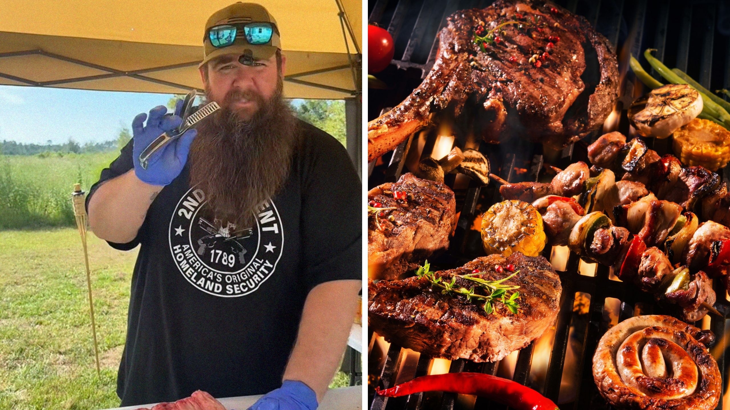 man holding a tool (l) meat on grill (r)