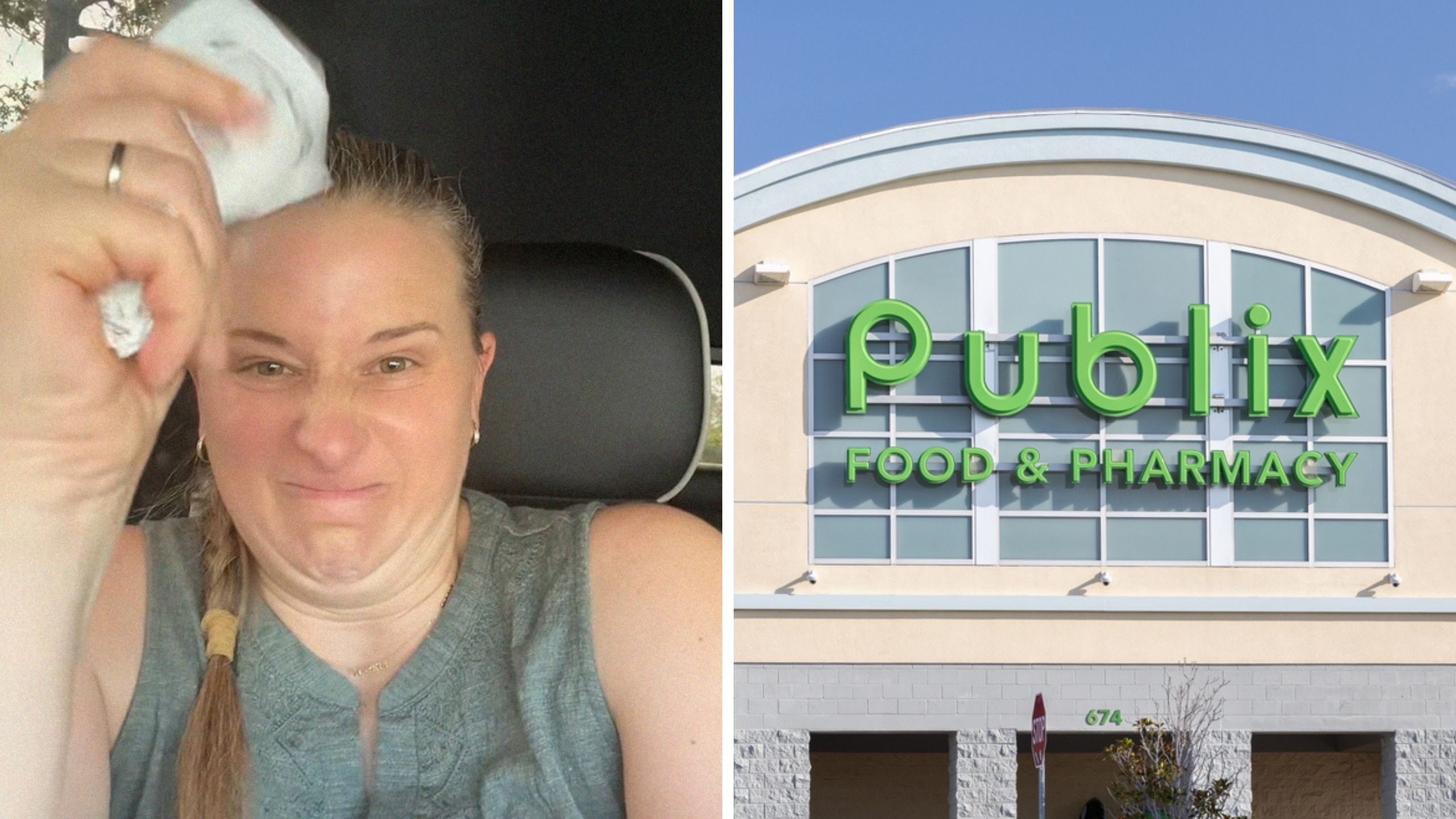 woman crushing receipt (l) publix logo (r)