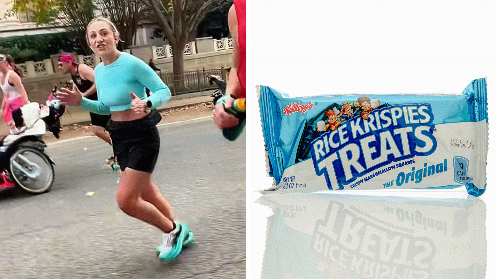 woman running (l) rice krispies treat (r)