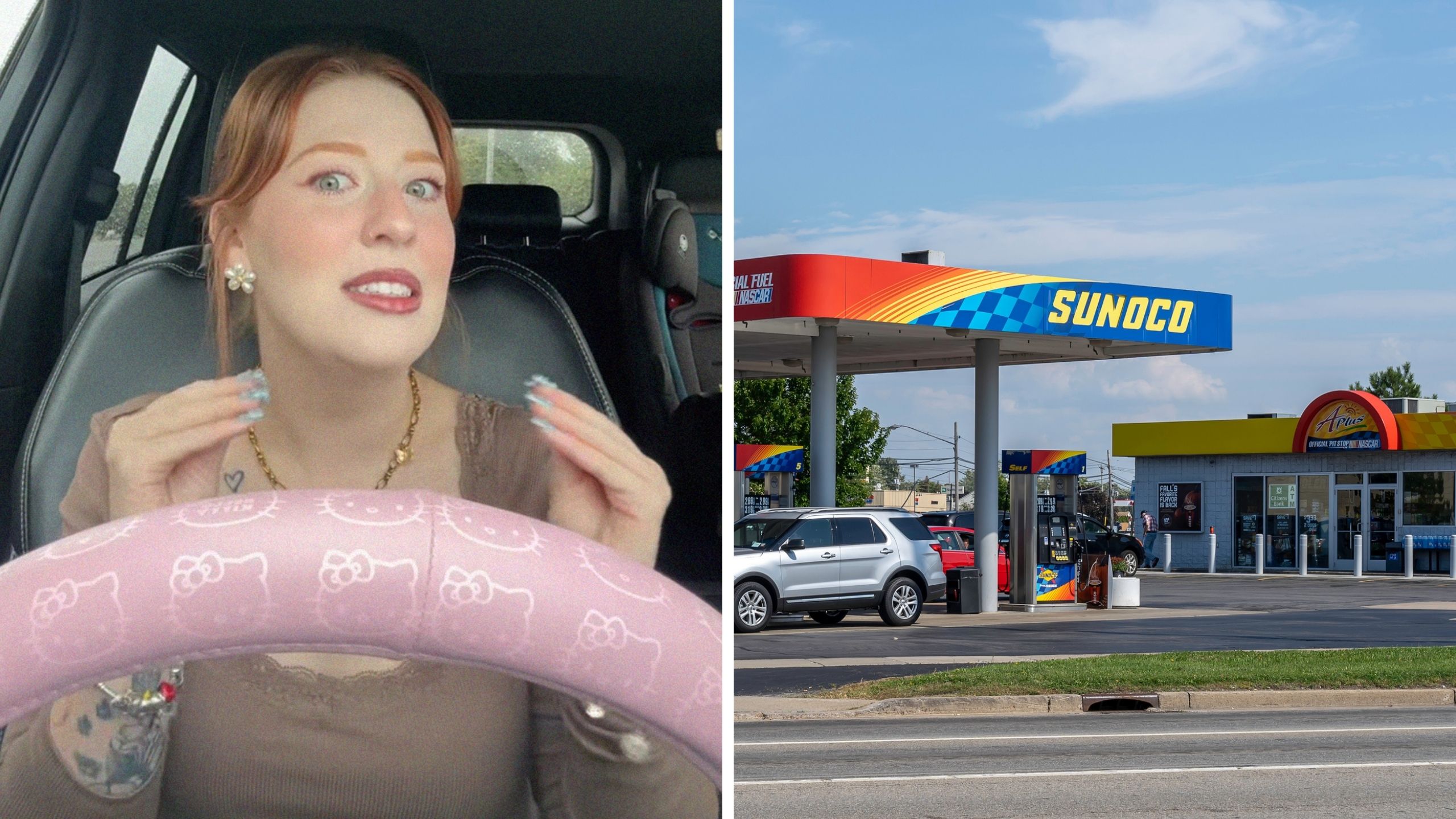 woman shares funny experience (l) sunoco gas station (r)