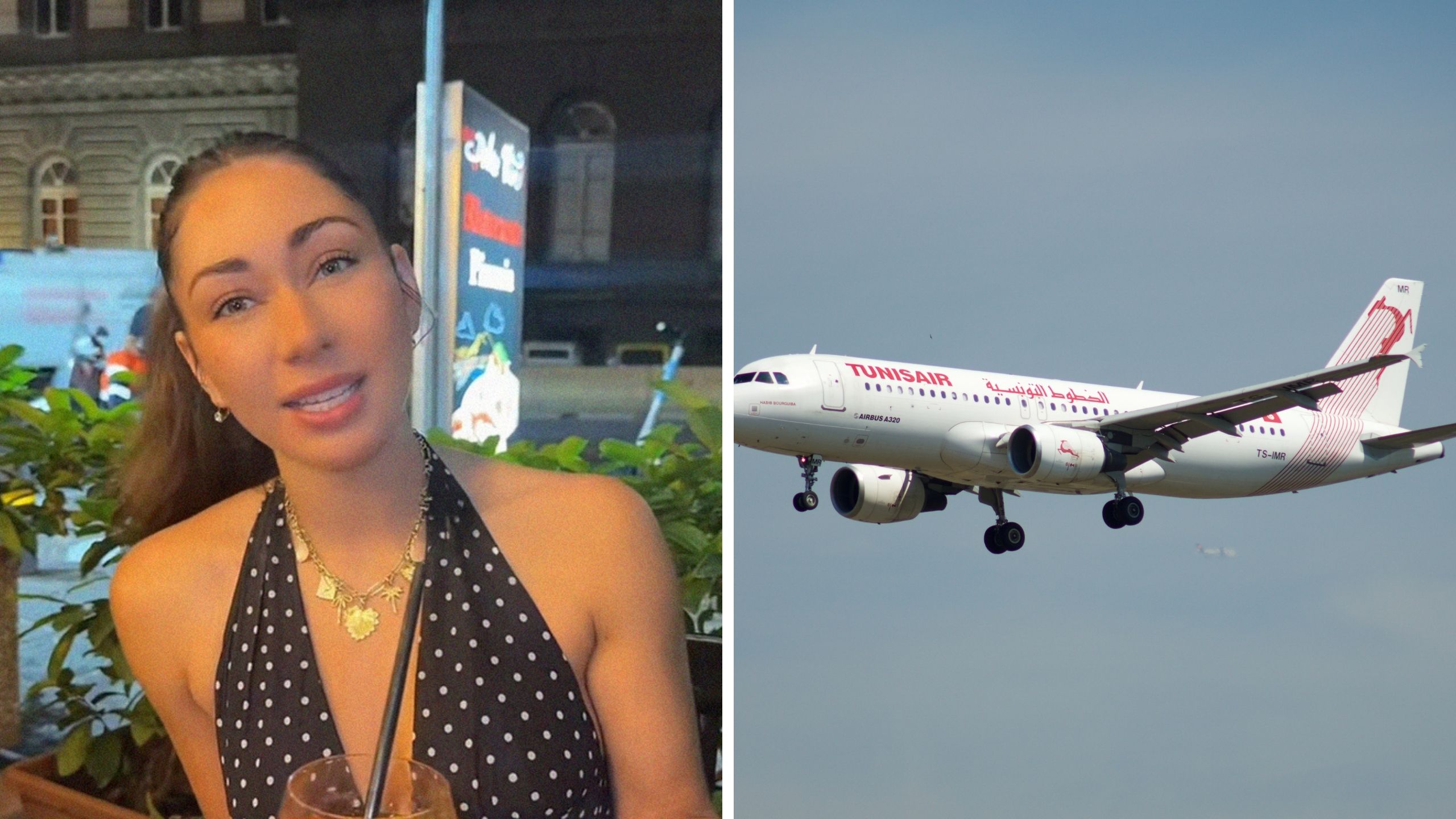 woman shares her traveling experience (l) tunis air plane (r)