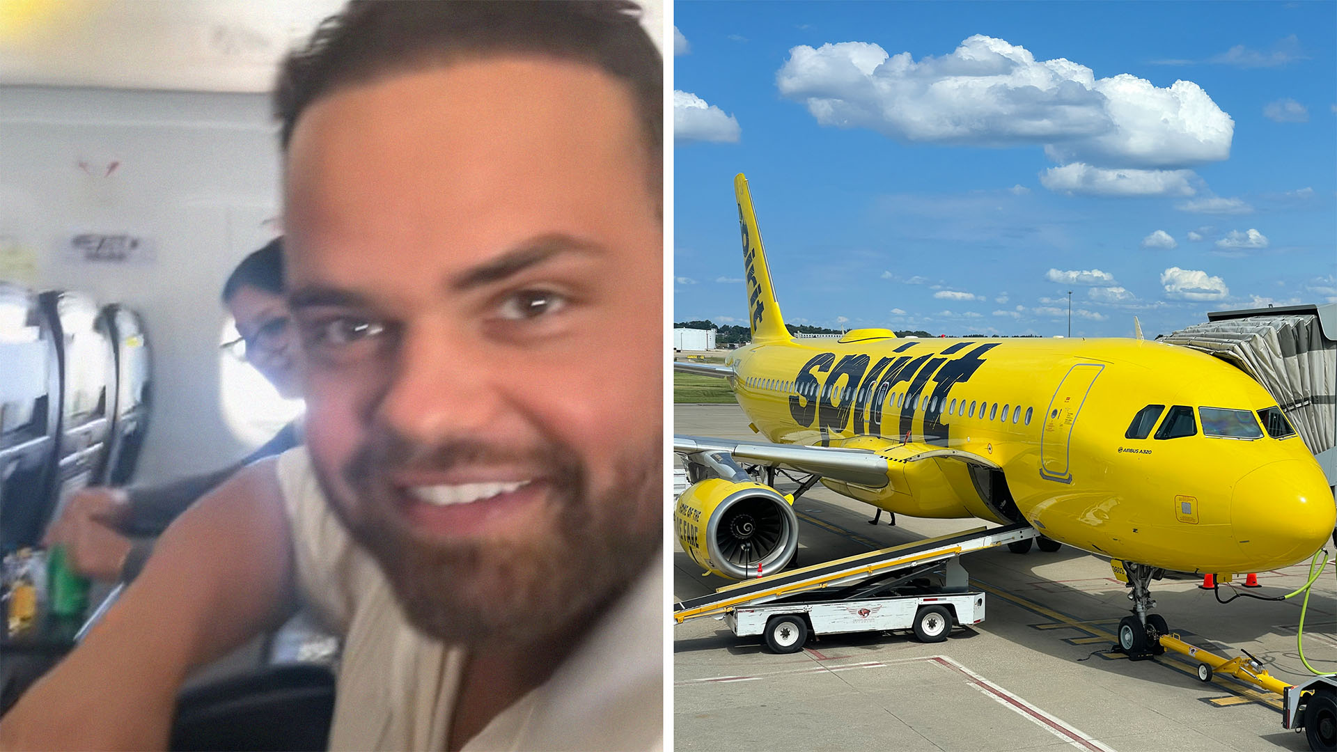 Man smiling inside of plane(l) View of spirit airlines plane(r)