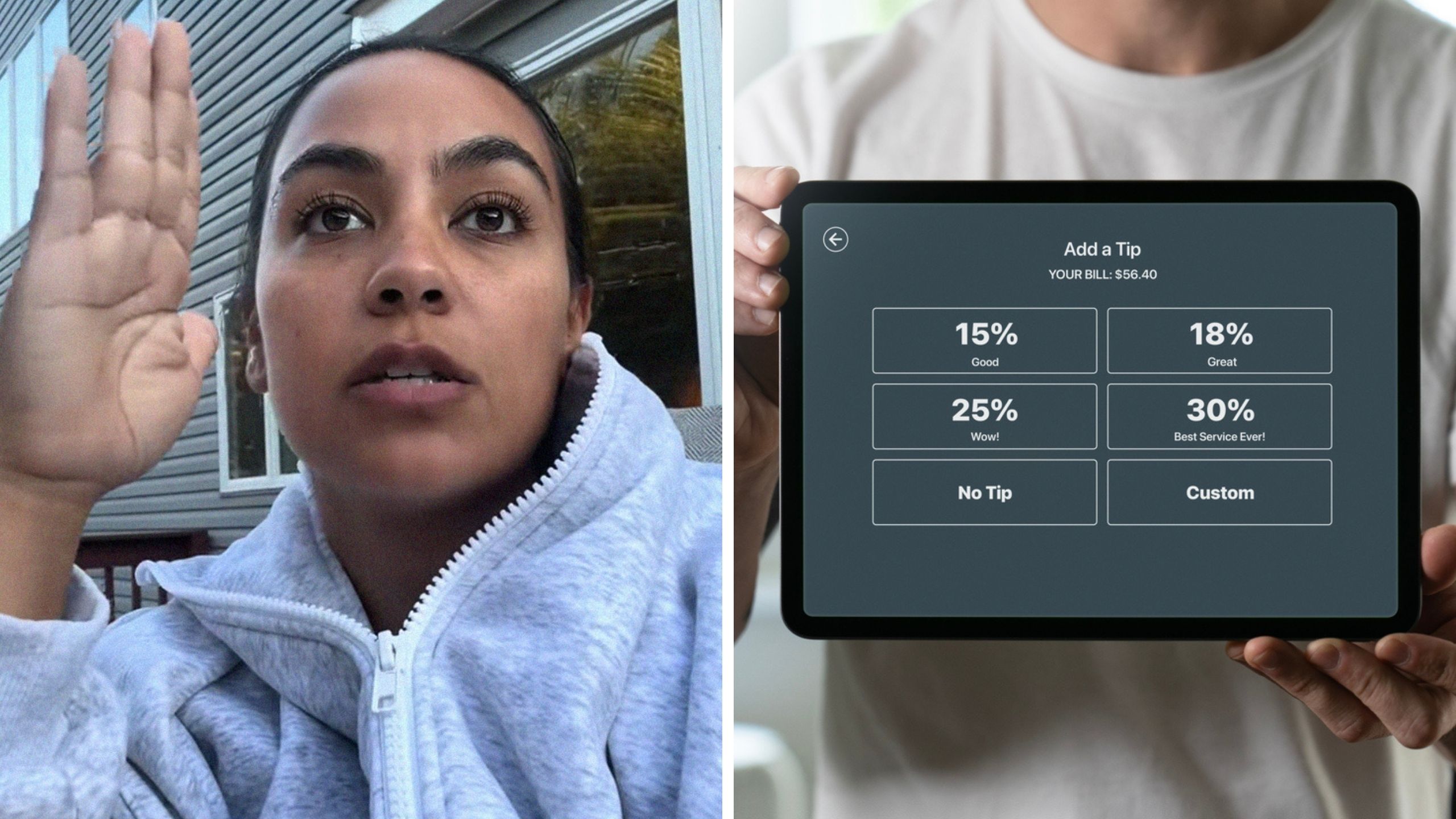 woman shares tipping experience (l) tipping choices (r)