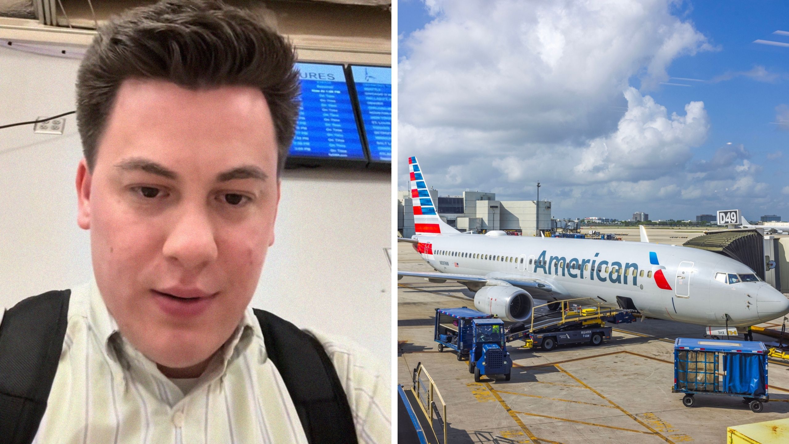man shares traveling hacks (l) american airline plane (r)