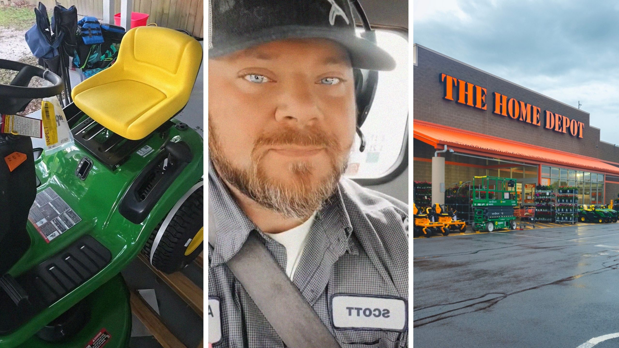 john deree (l) man shares his purchase (c) the home deport store (r)