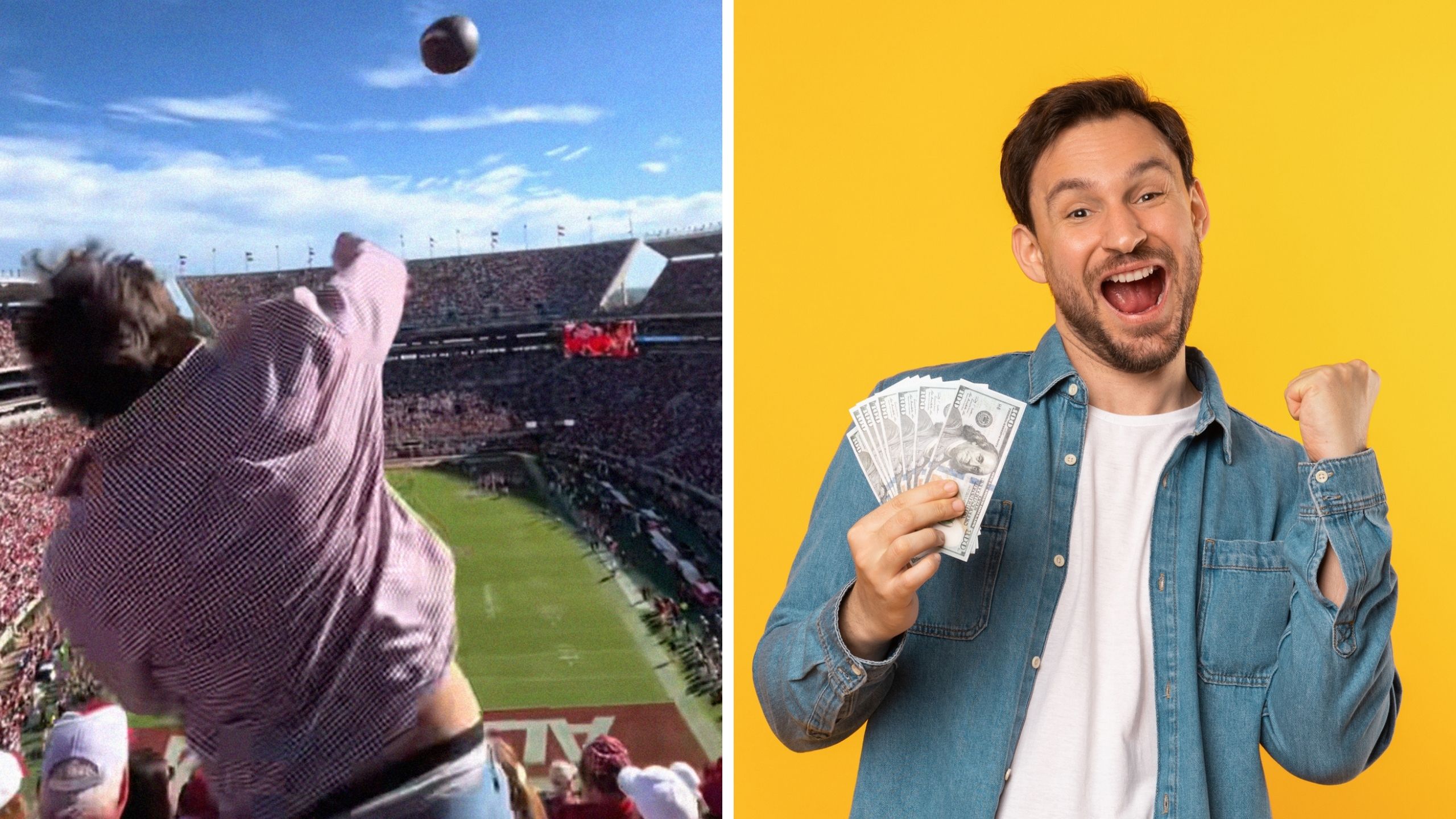 man throwing ball (l) man holding cash (r)