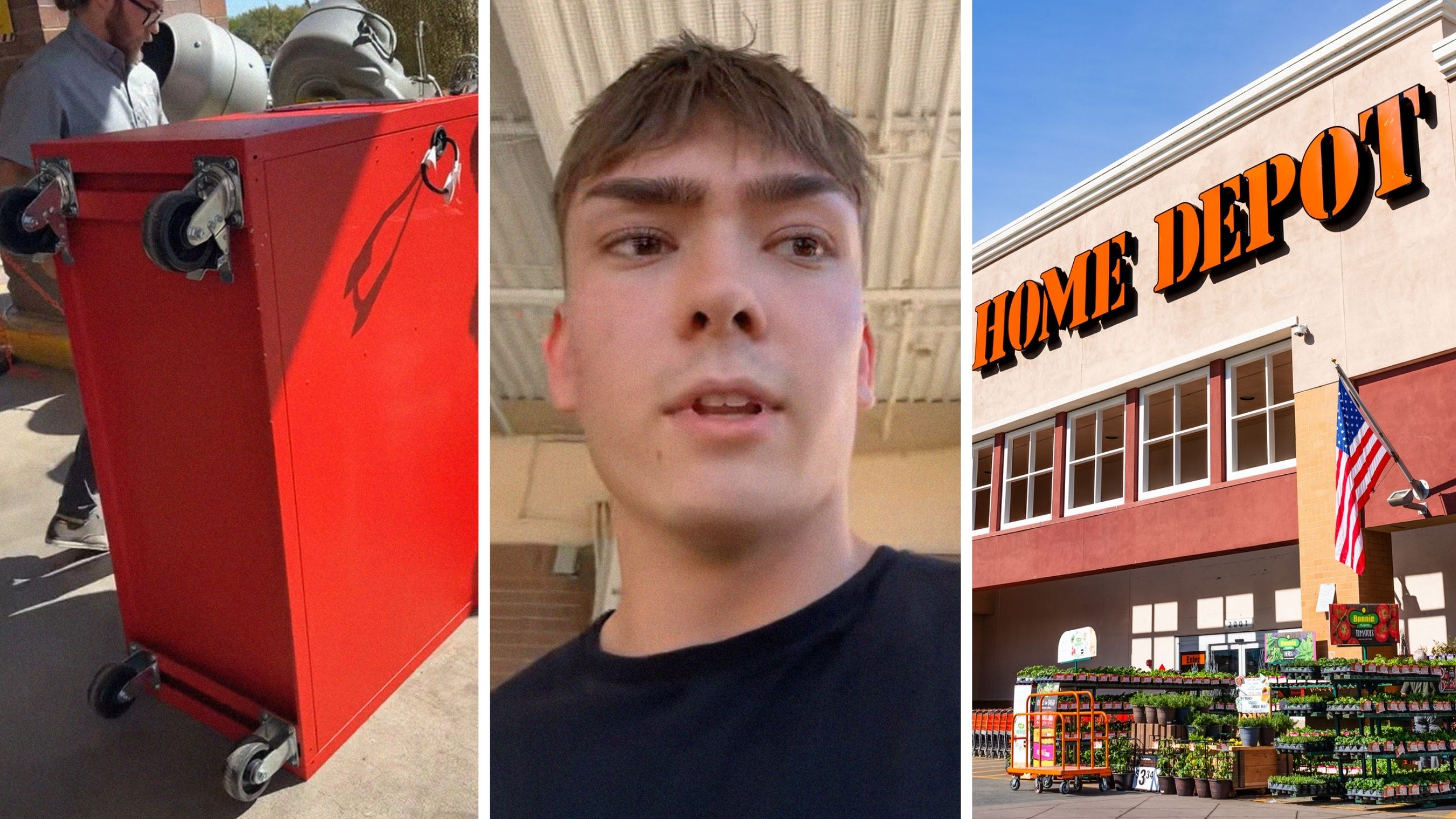 toolbox (l) man shares purchase (c) the home depot (r)