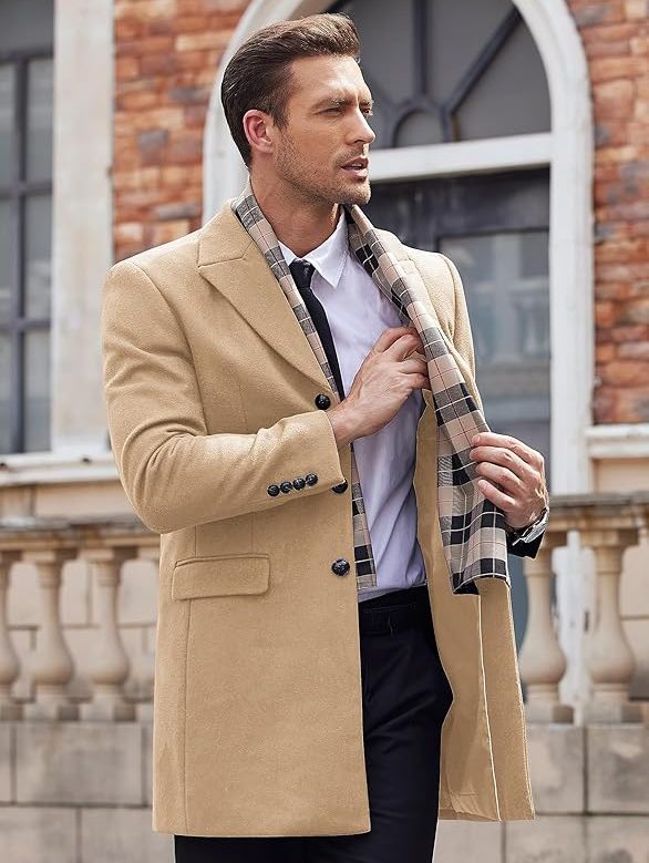 COOFANDY Wool Blend Coat with Detachable Plaid Scarves