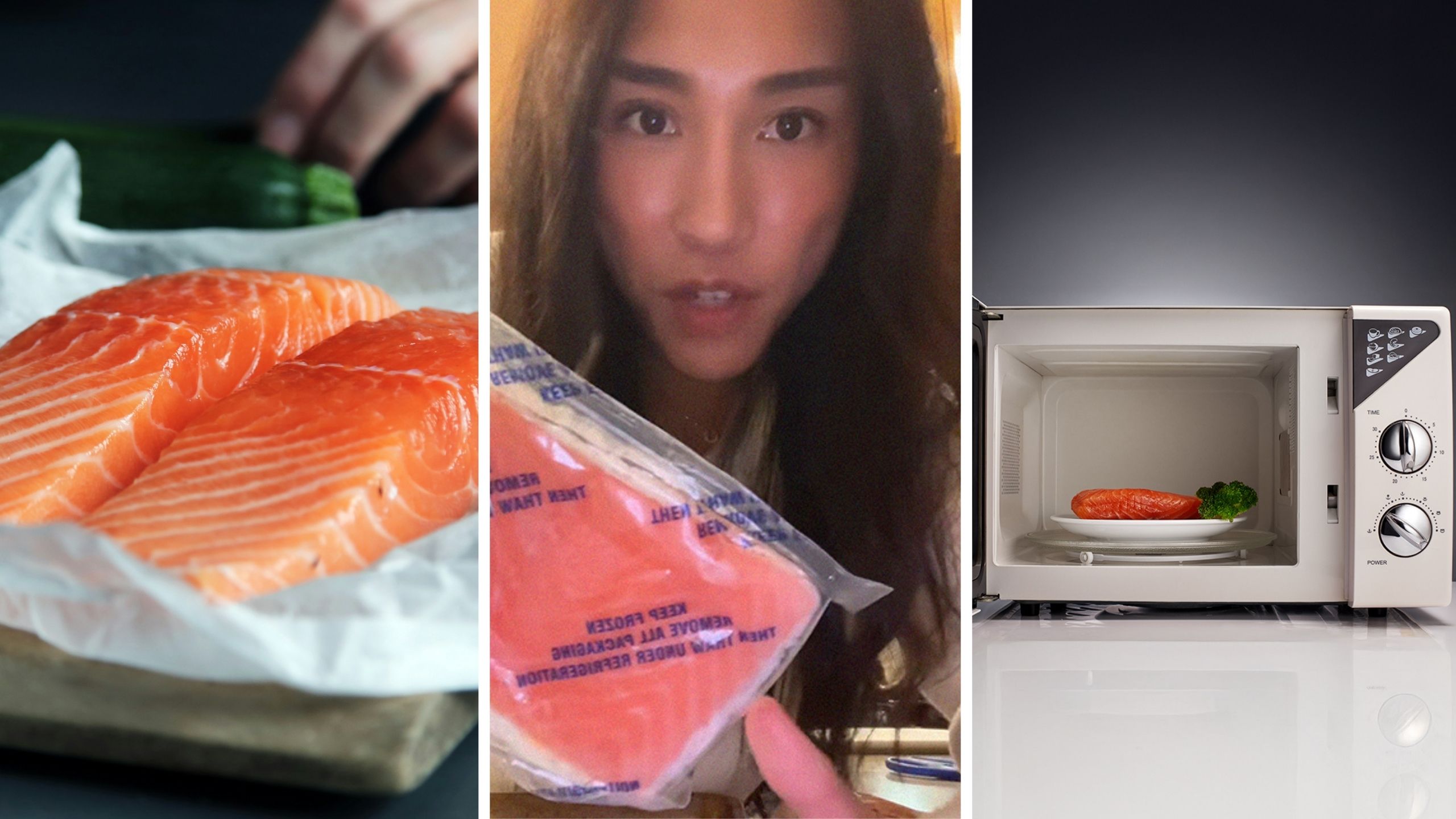 Salmon fish (l) woman shares cooking tips (c) thawing fish (r)