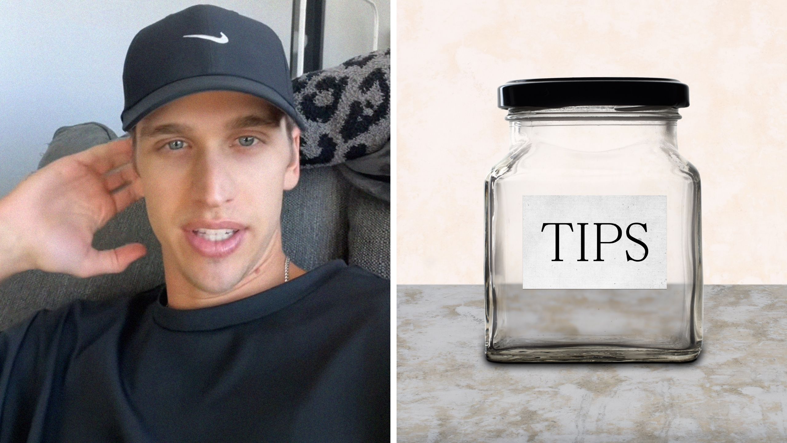 man shares work experience (l) empty tip jar (r)