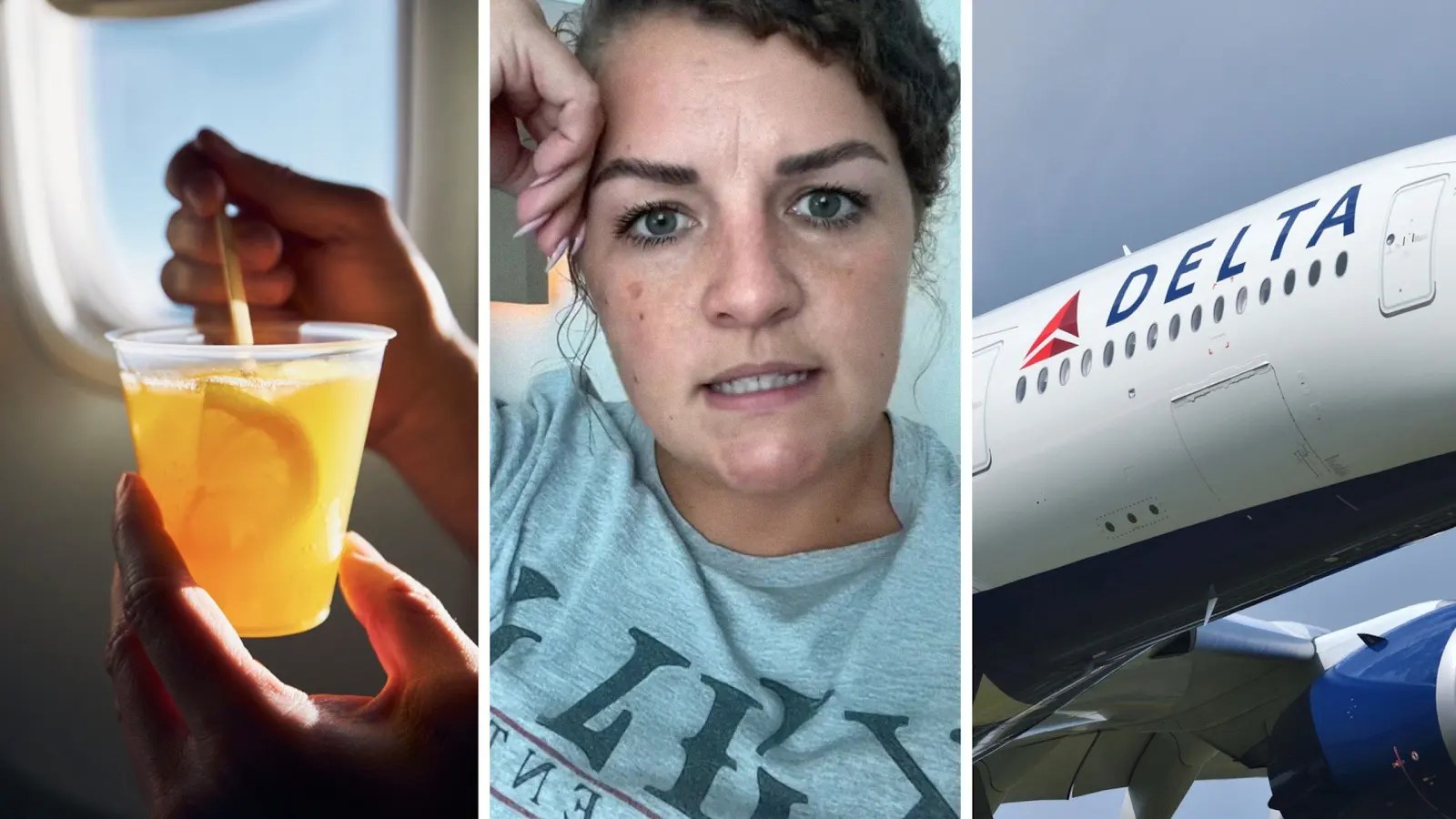 drink on flight (l) woman shares job issue (c) delta flight (r)