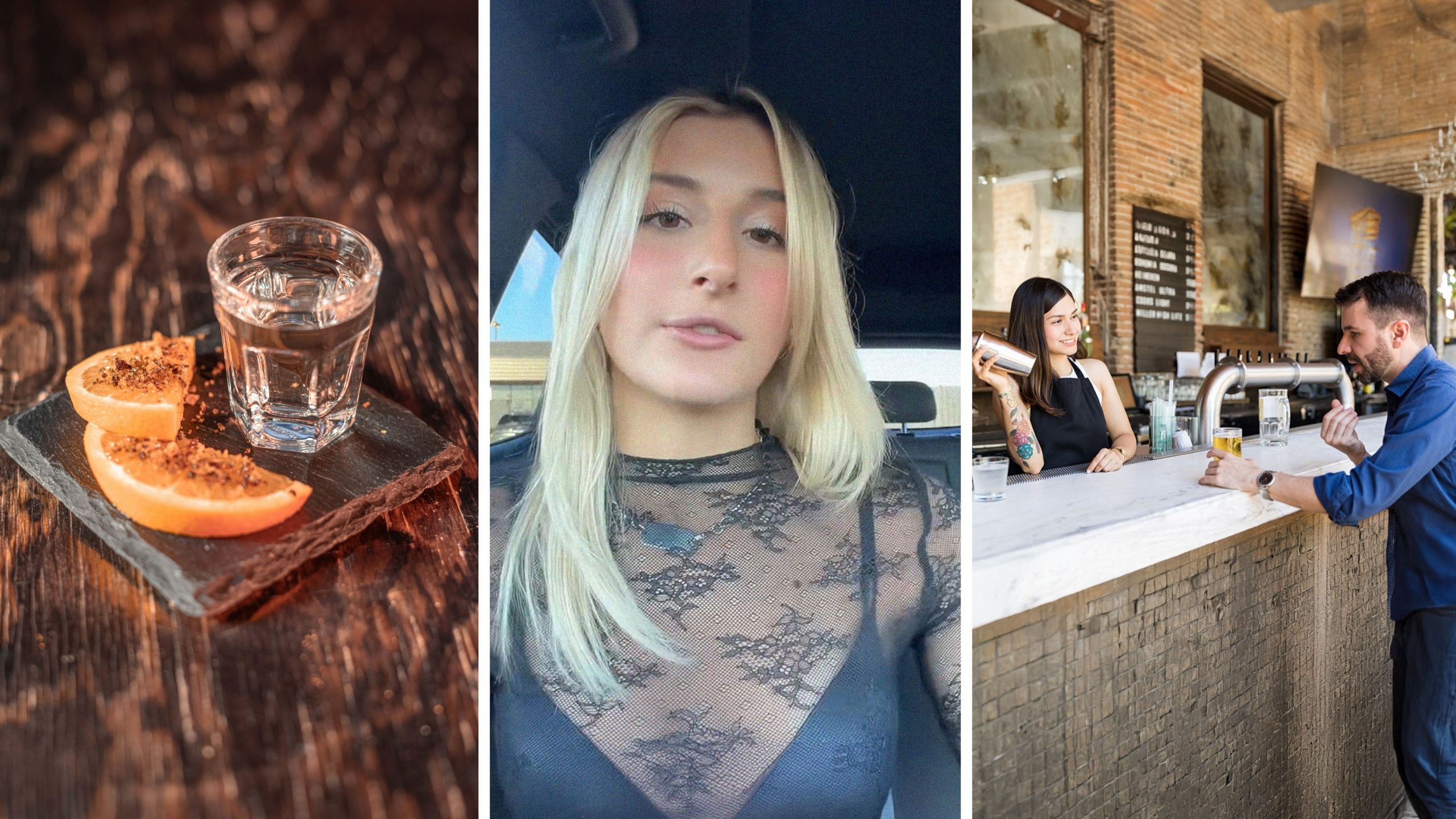 a shot glass (l) woman shares job story (c) man asking for drink at bar (r)