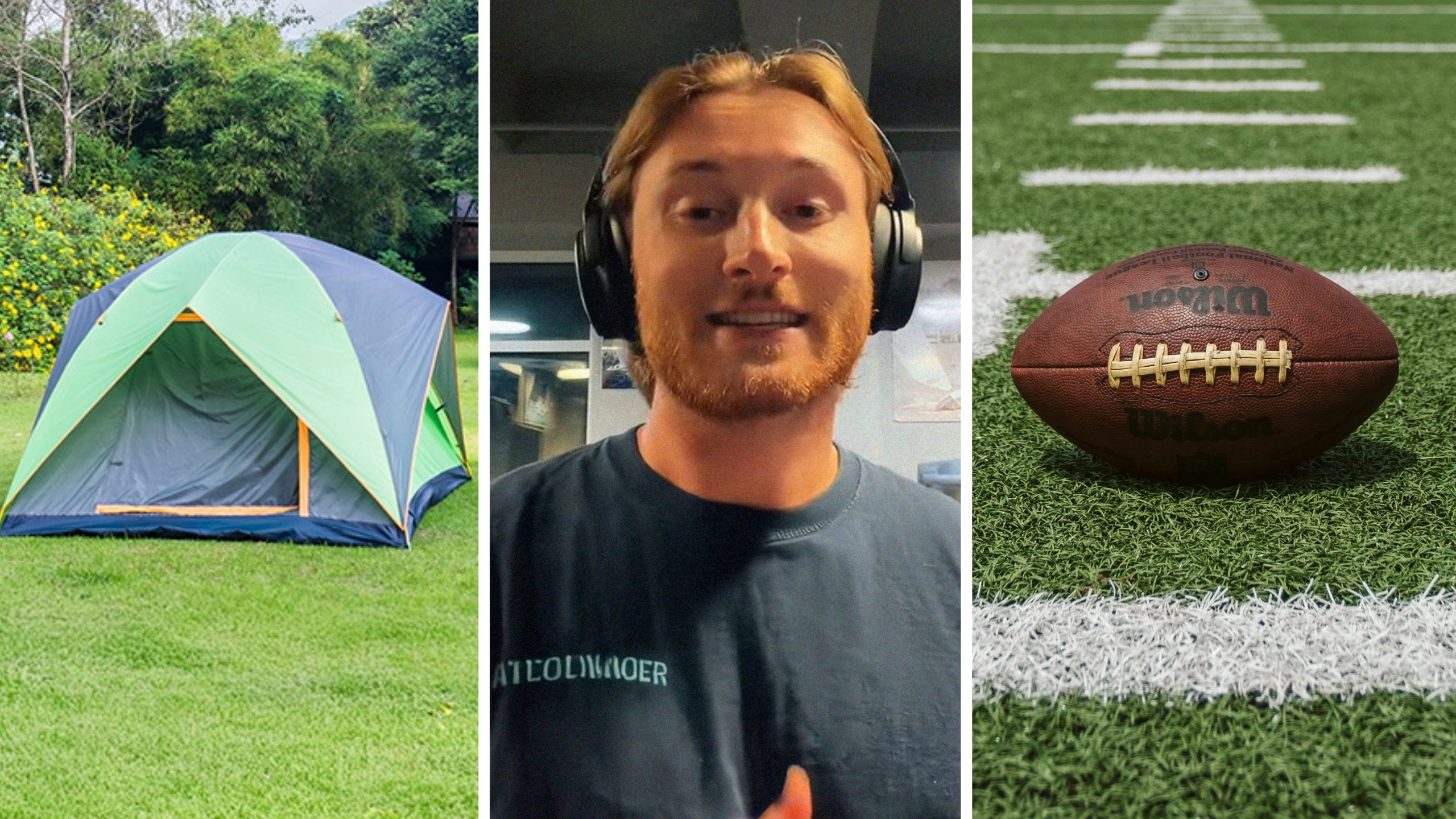 camping tent (l) man shares fantasy football punishments (c) football (r)