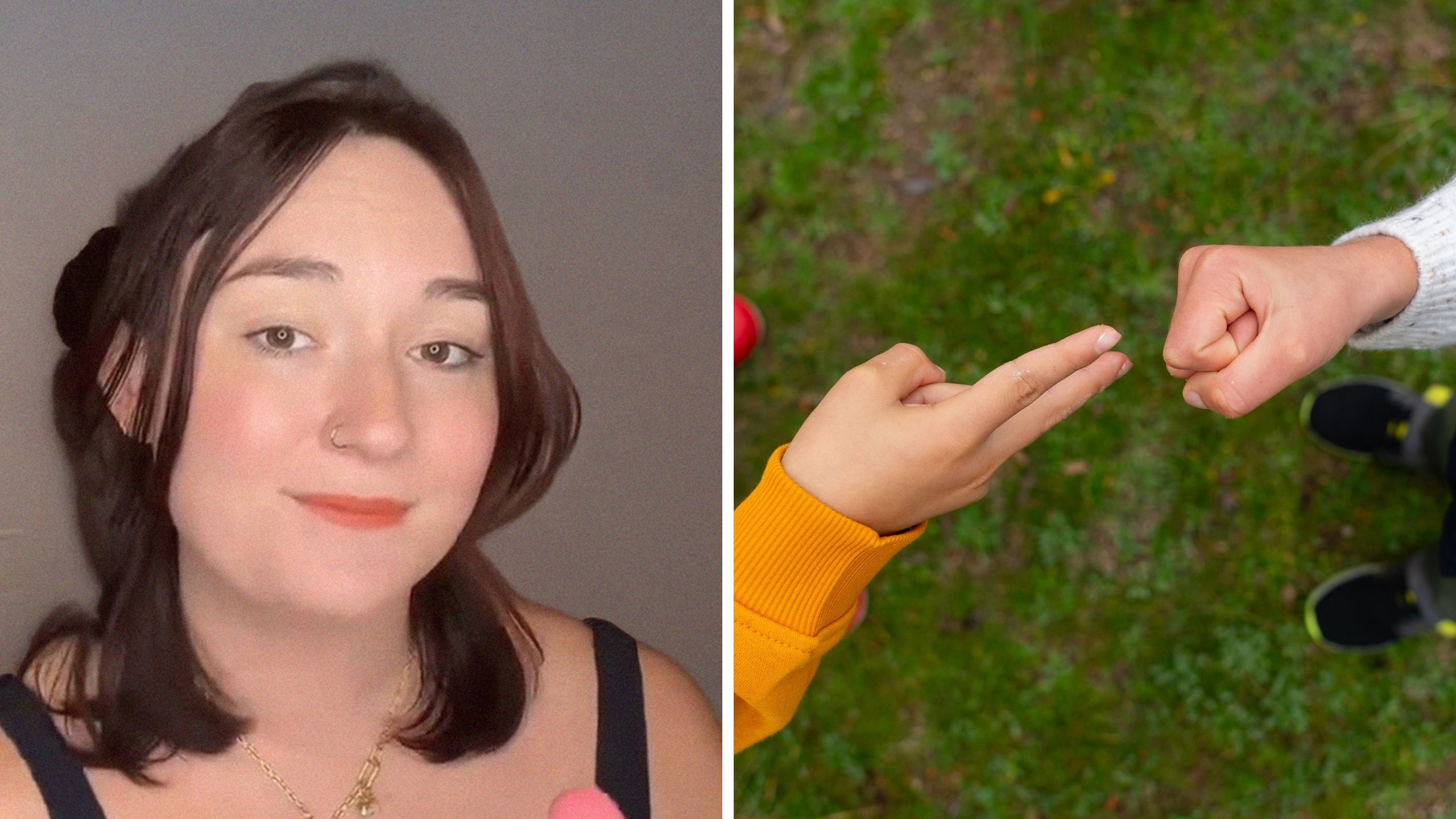 woman shares game tips (l) hands playing rock, paper, scissors (r)