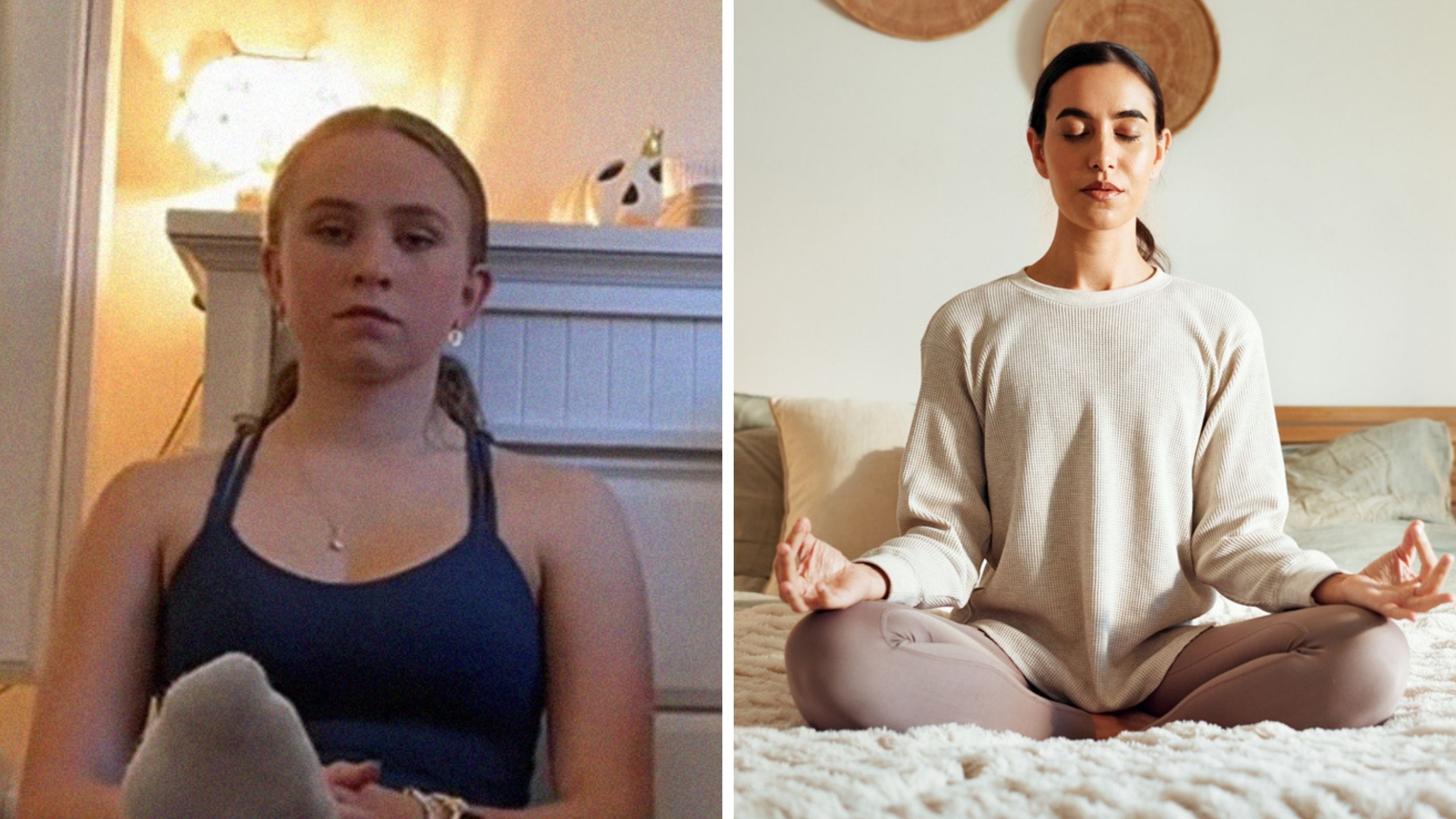 female shows what she does for 15 minutes a day (l) woman meditating (r)