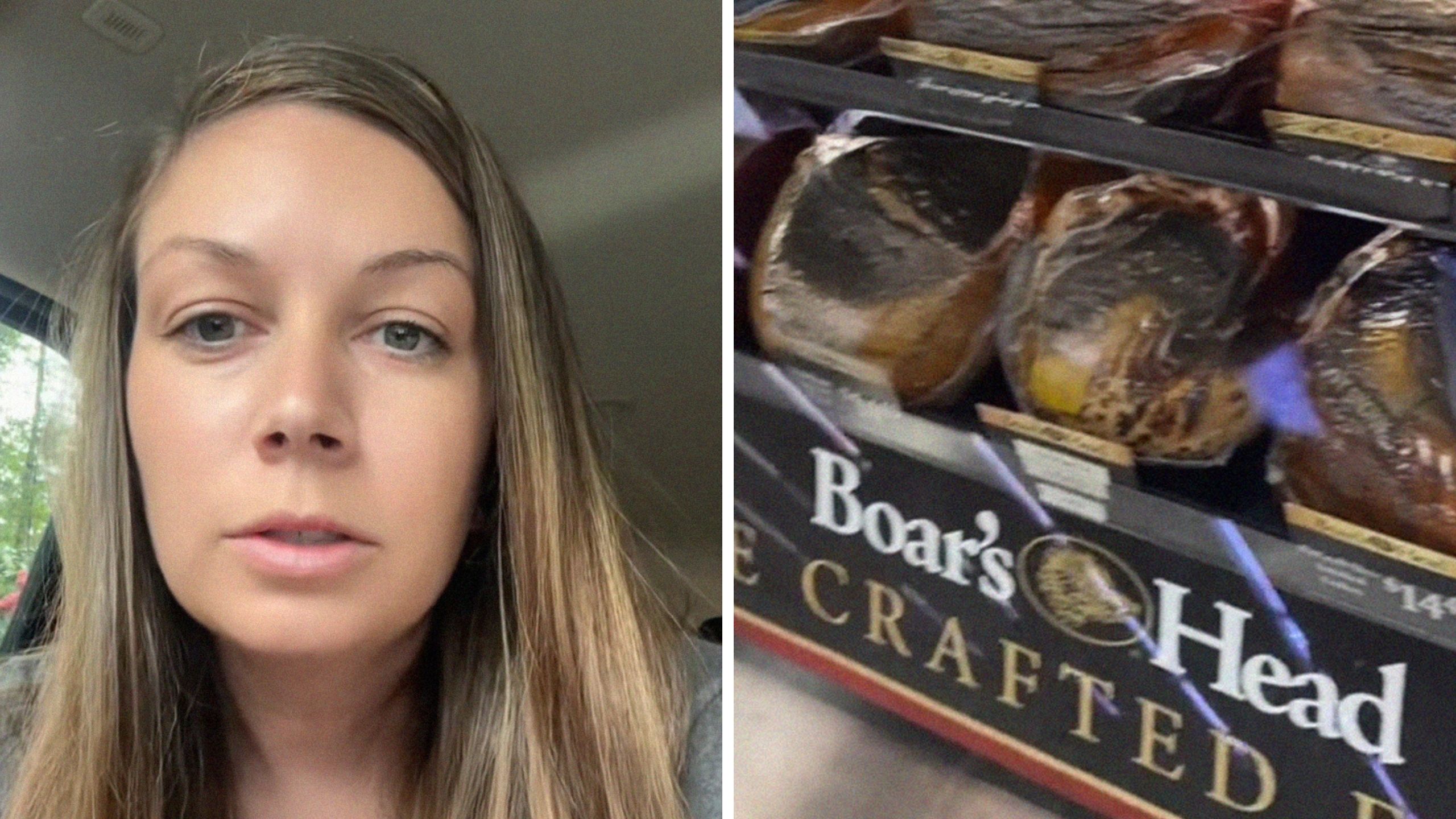 woman shares meat shopping surprise (l) boar's head counter (r)