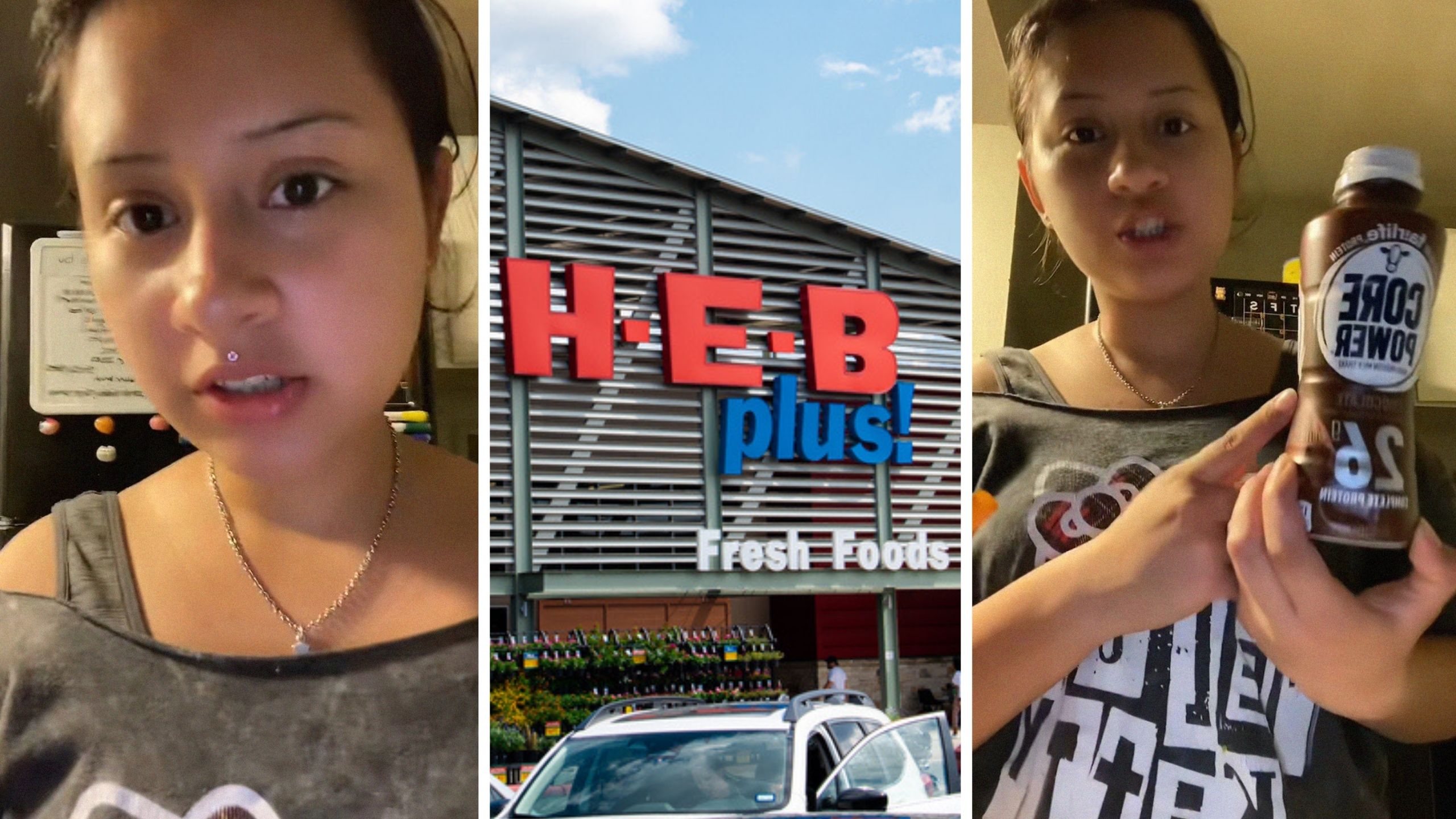 woman shares drink issue (l) h.e.b store entrance (c) woman holding drink (r)
